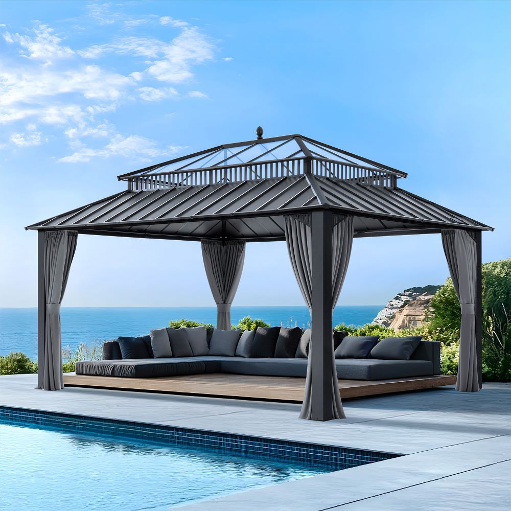 Mazonvintage Kingston 12x16 Gazebo with Netting & Curtain | Steel & PC Roof - Gray Aluminum Posts
