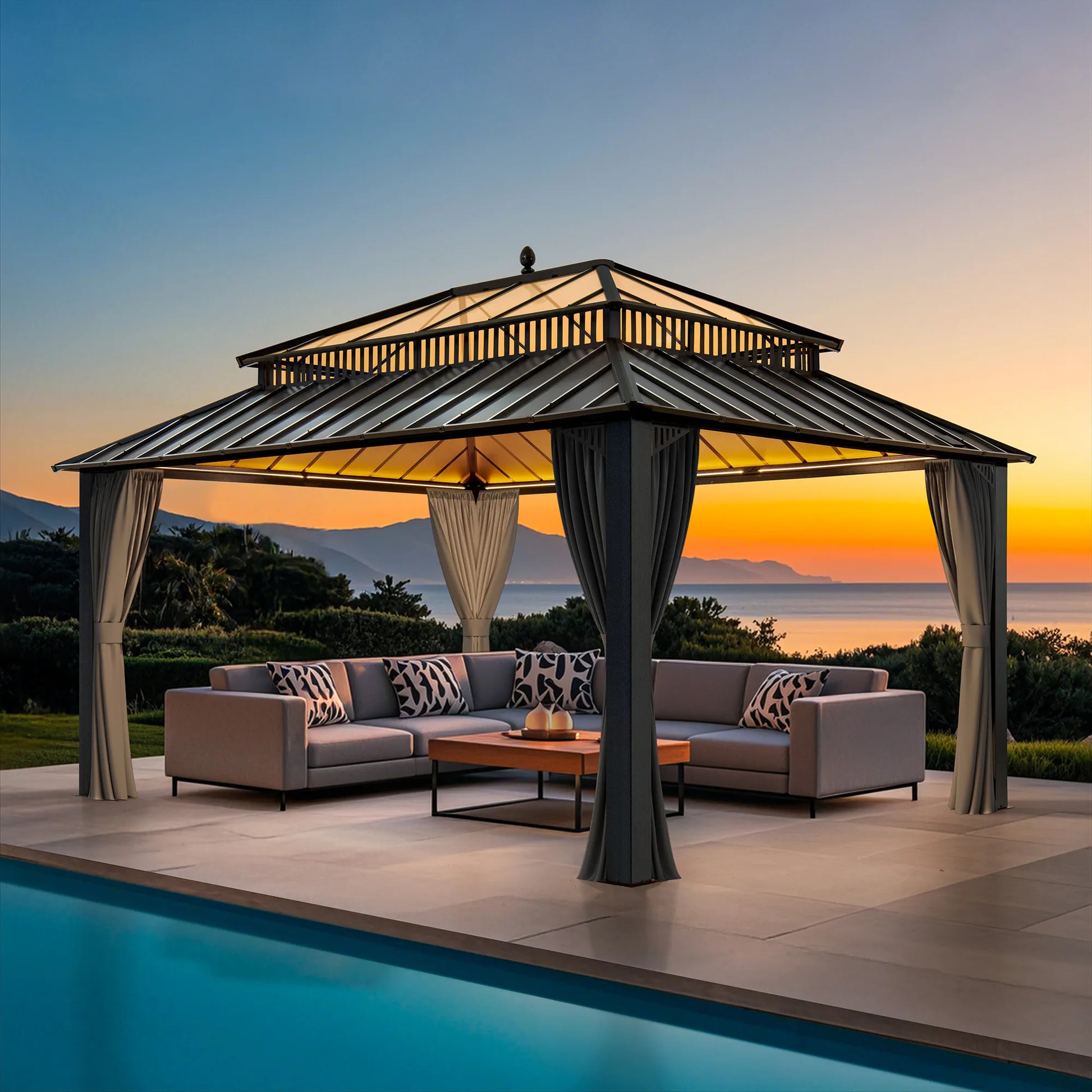 Mazonvintage Kingston 12x16 Gazebo with Netting & Curtain | Steel & PC Roof - Gray Aluminum Posts