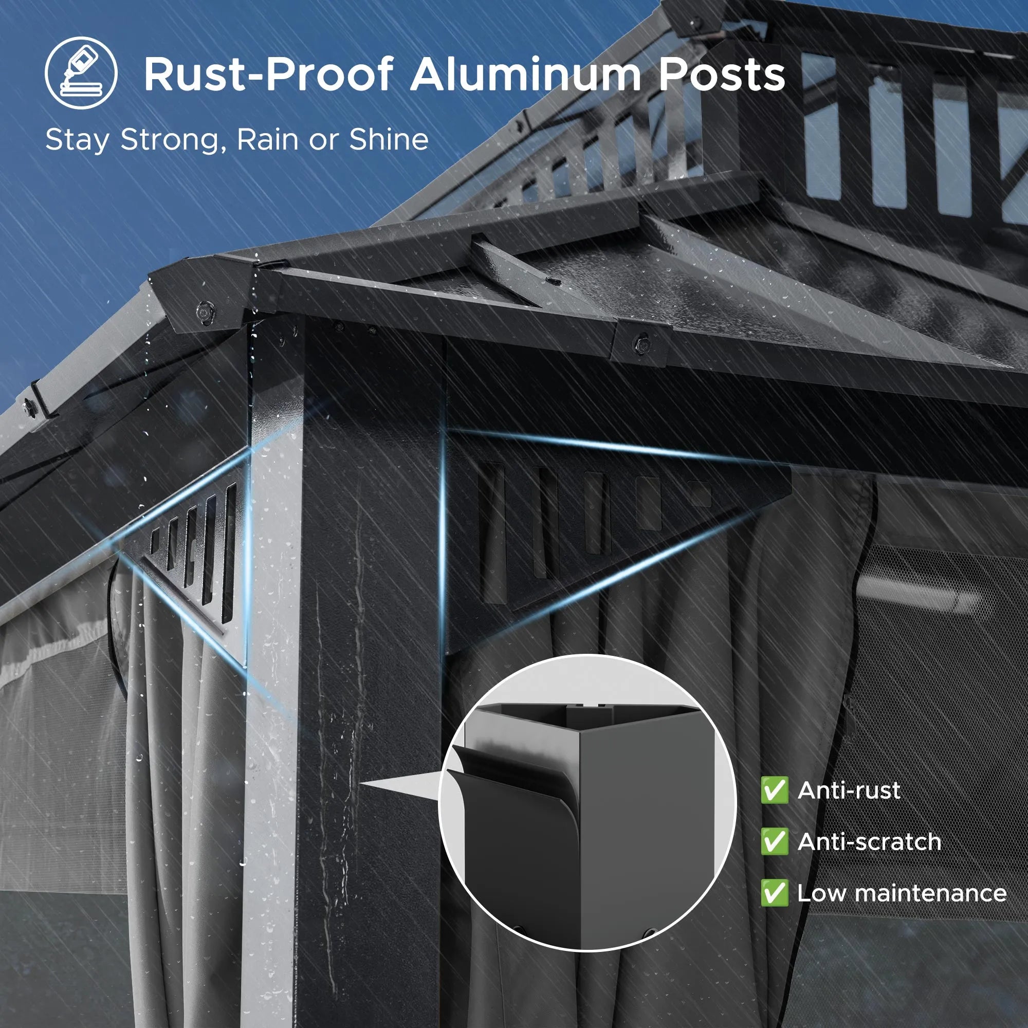 Mazonvintage Kingston 12x16 Gazebo with Netting & Curtain | Steel & PC Roof - Gray Aluminum Posts