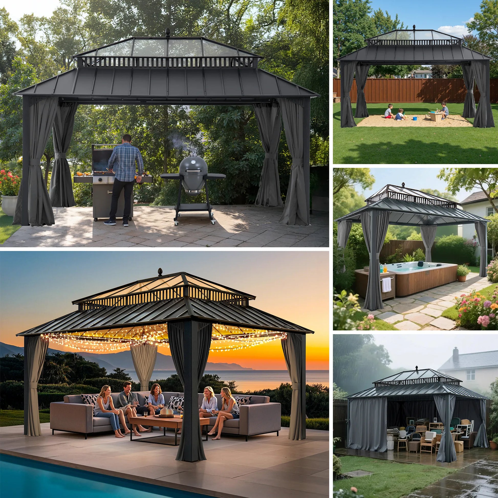Mazonvintage Kingston 12x16 Gazebo with Netting & Curtain | Steel & PC Roof - Gray Aluminum Posts