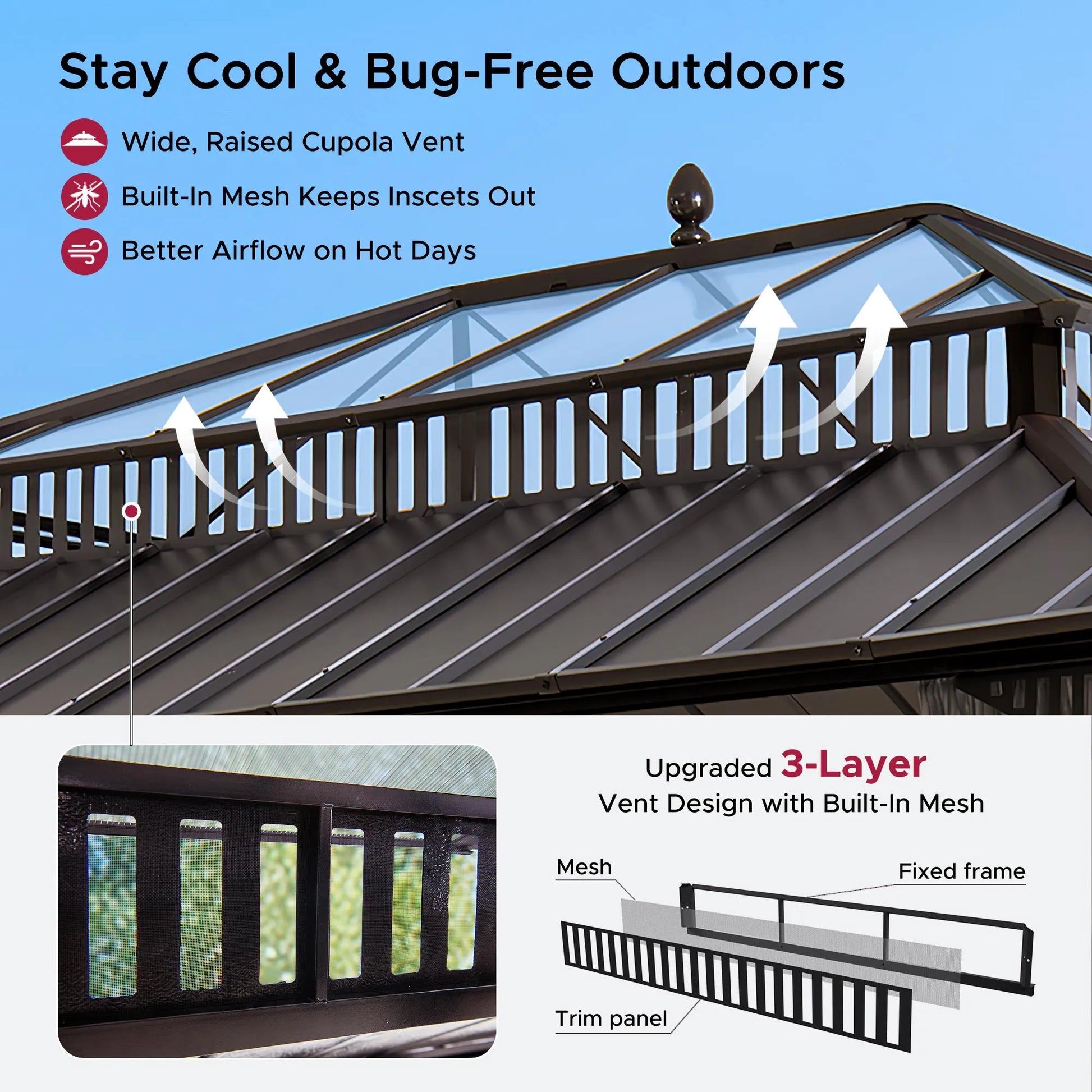 Mazonvintage Kingston 12x16 Gazebo with Netting & Curtain | Steel & PC Roof - Brown Aluminum Posts
