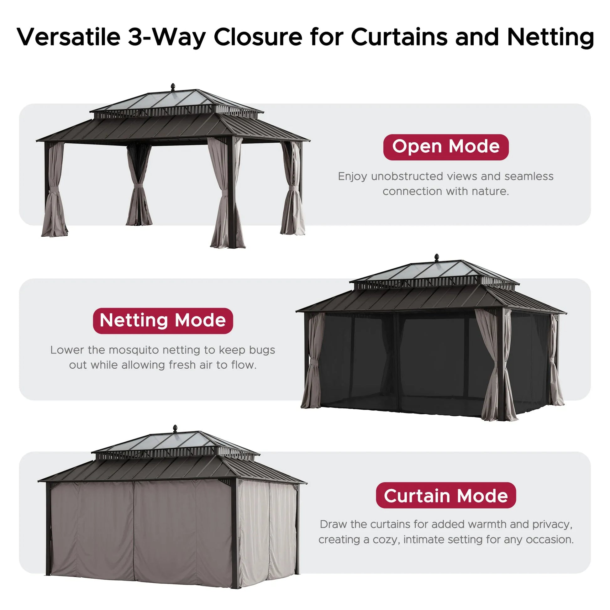 Mazonvintage Kingston 12x16 Gazebo with Netting & Curtain | Steel & PC Roof - Brown Aluminum Posts