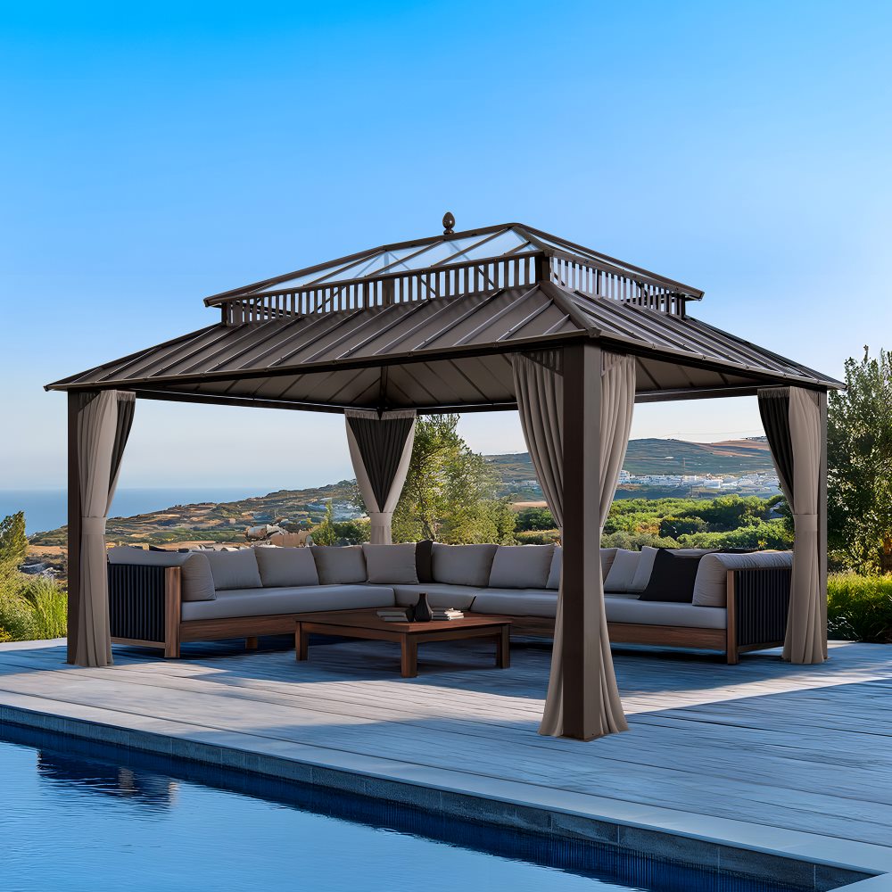 Mazonvintage Kingston 12x16 Gazebo with Netting & Curtain | Steel & PC Roof - Brown Aluminum Posts
