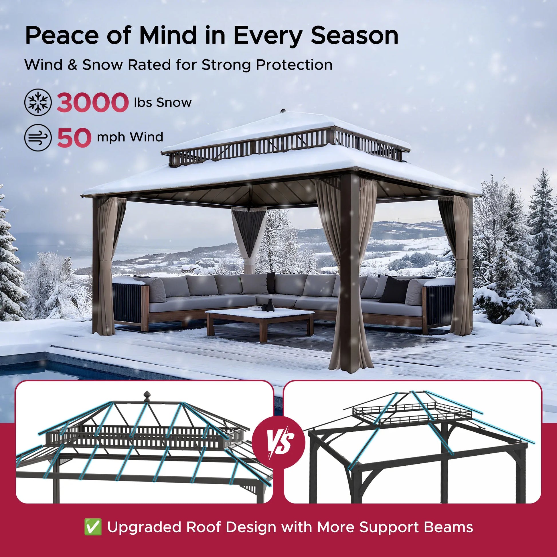 Mazonvintage Kingston 12x16 Gazebo with Netting & Curtain | Steel & PC Roof - Brown Aluminum Posts