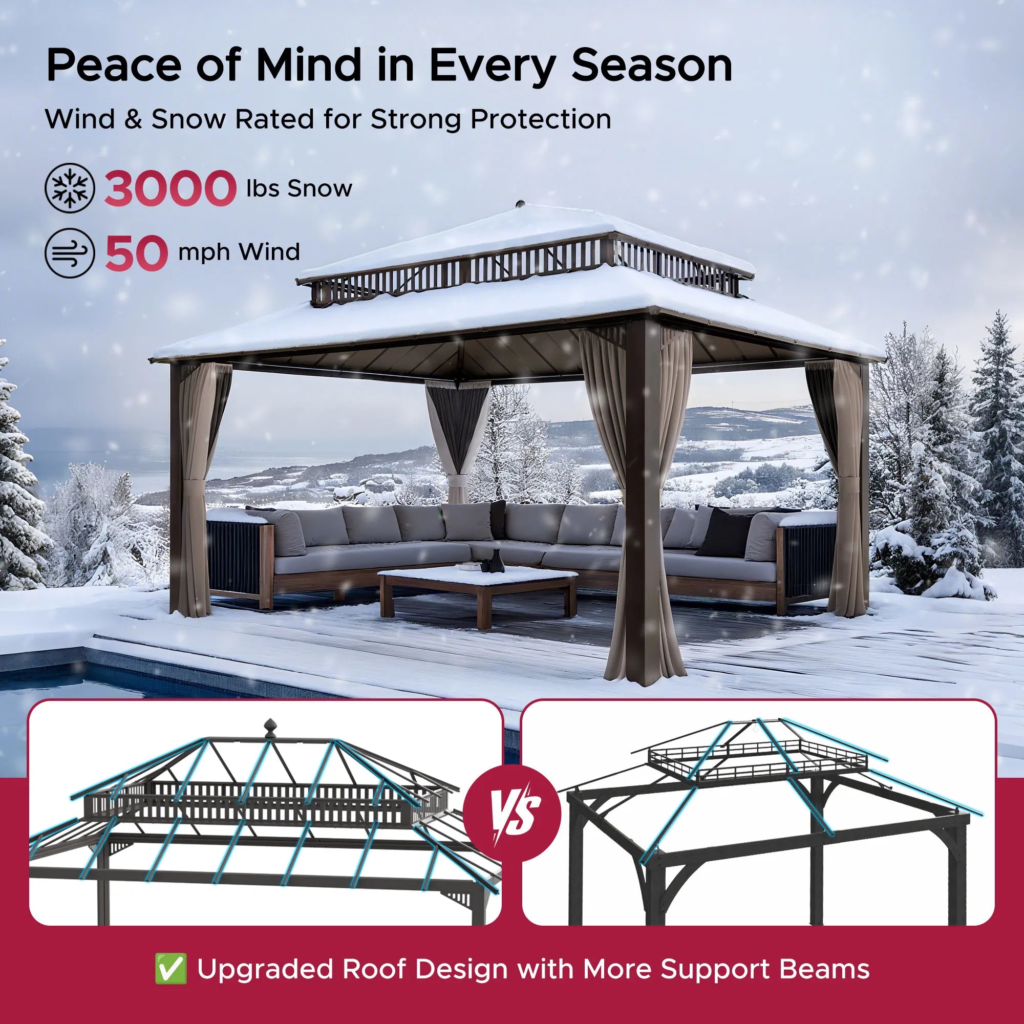 Mazonvintage Kingston 12x16 Gazebo with Netting & Curtain | Steel & PC Roof - Brown Aluminum Posts