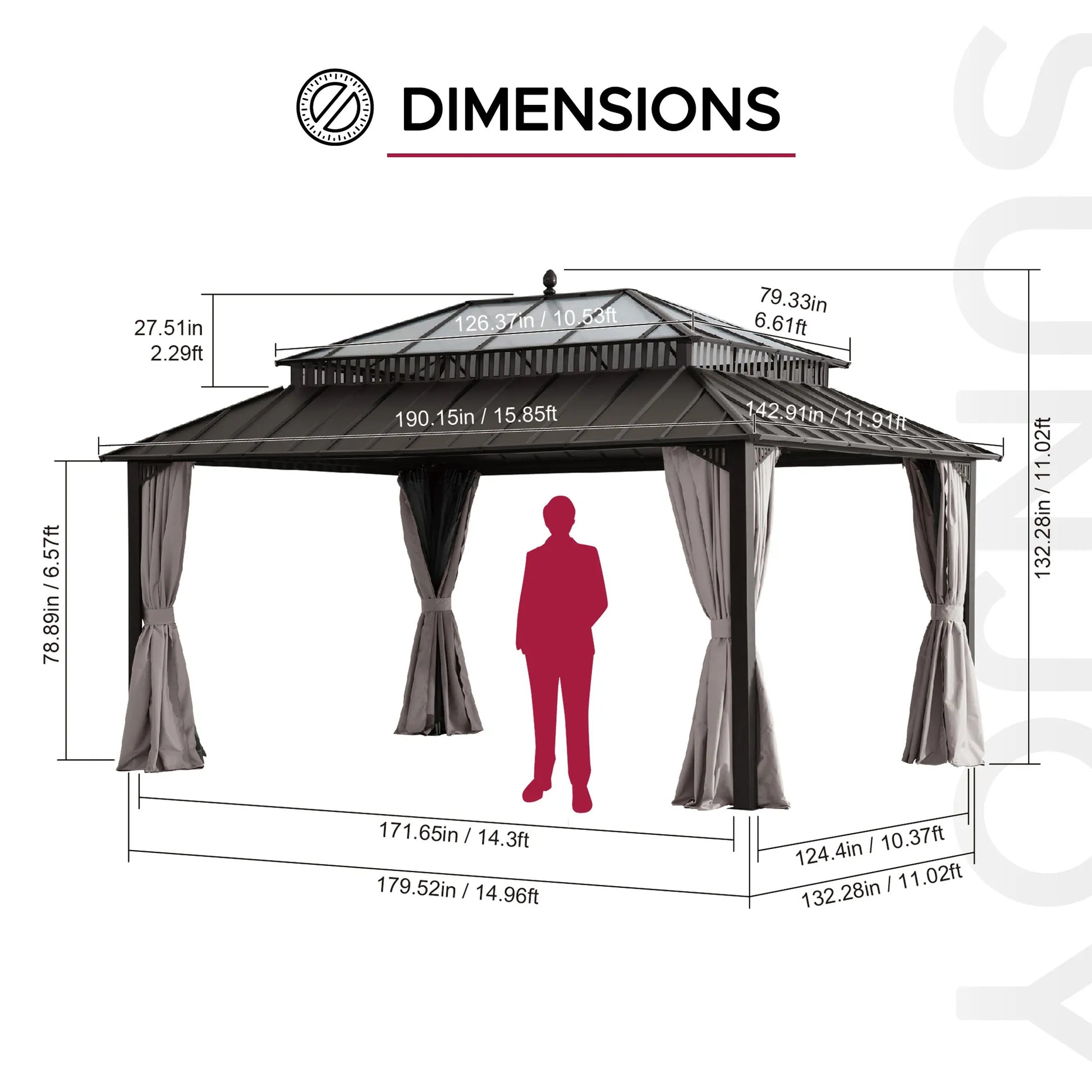 Mazonvintage Kingston 12x16 Gazebo with Netting & Curtain | Steel & PC Roof - Brown Aluminum Posts