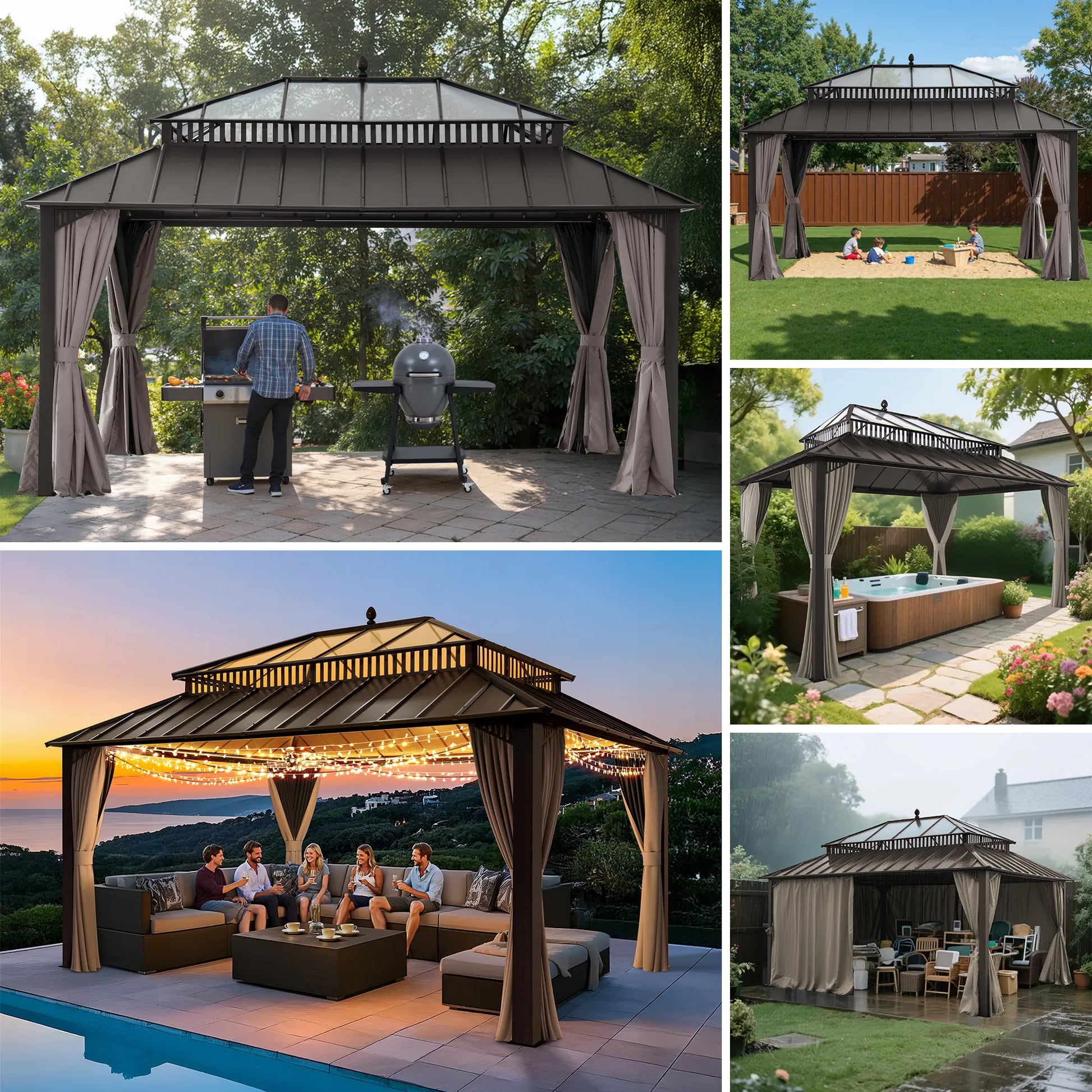 Mazonvintage Kingston 12x16 Gazebo with Netting & Curtain | Steel & PC Roof - Brown Aluminum Posts