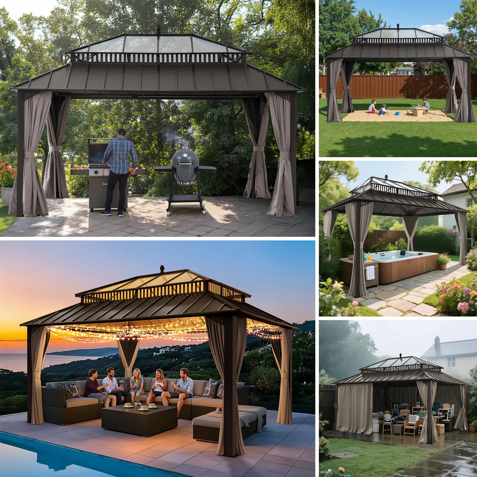 Mazonvintage Kingston 12x16 Gazebo with Netting & Curtain | Steel & PC Roof - Brown Aluminum Posts