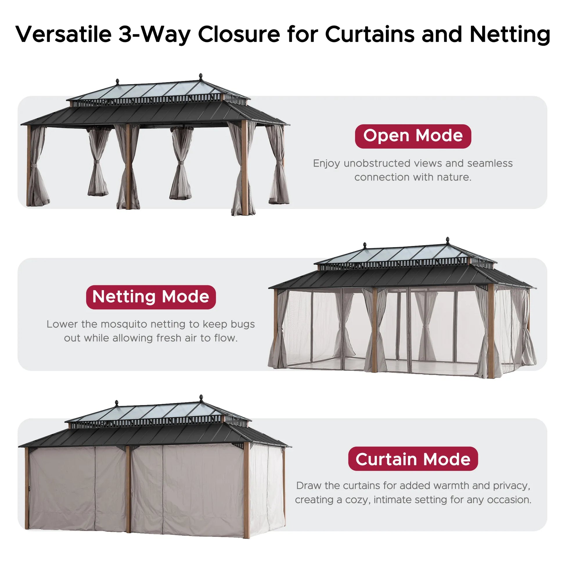 Mazonvintage Kingston 12x20 Gazebo with Netting & Curtain | Steel & PC Roof - Woodgrain Aluminum Posts