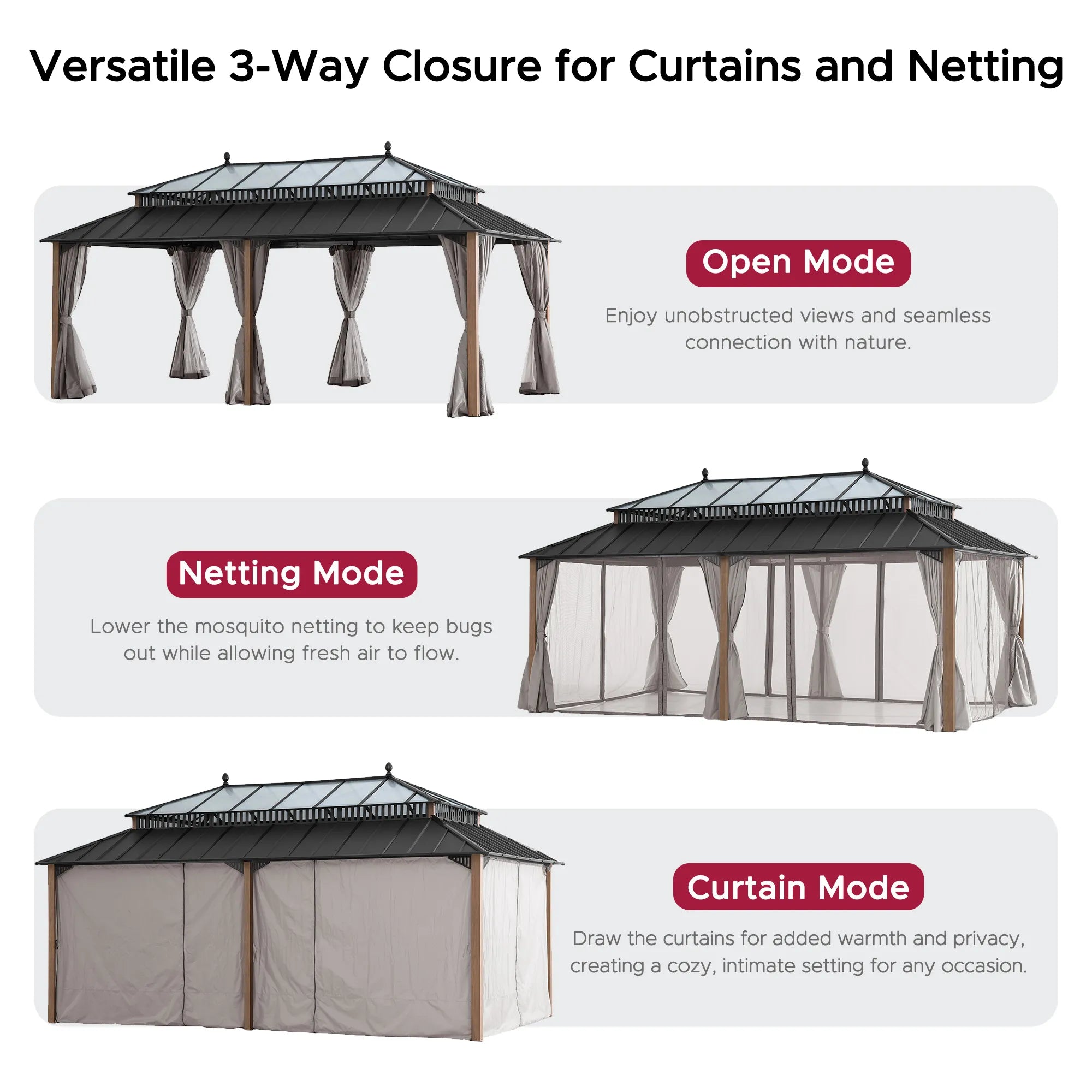 Mazonvintage Kingston 12x20 Gazebo with Netting & Curtain | Steel & PC Roof - Woodgrain Aluminum Posts
