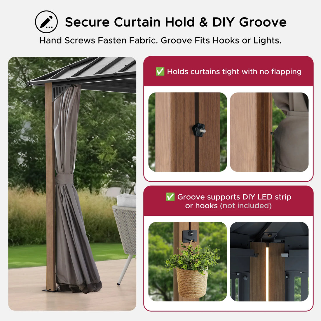 Mazonvintage Kingston 12x20 Gazebo with Netting & Curtain | Steel & PC Roof - Woodgrain Aluminum Posts