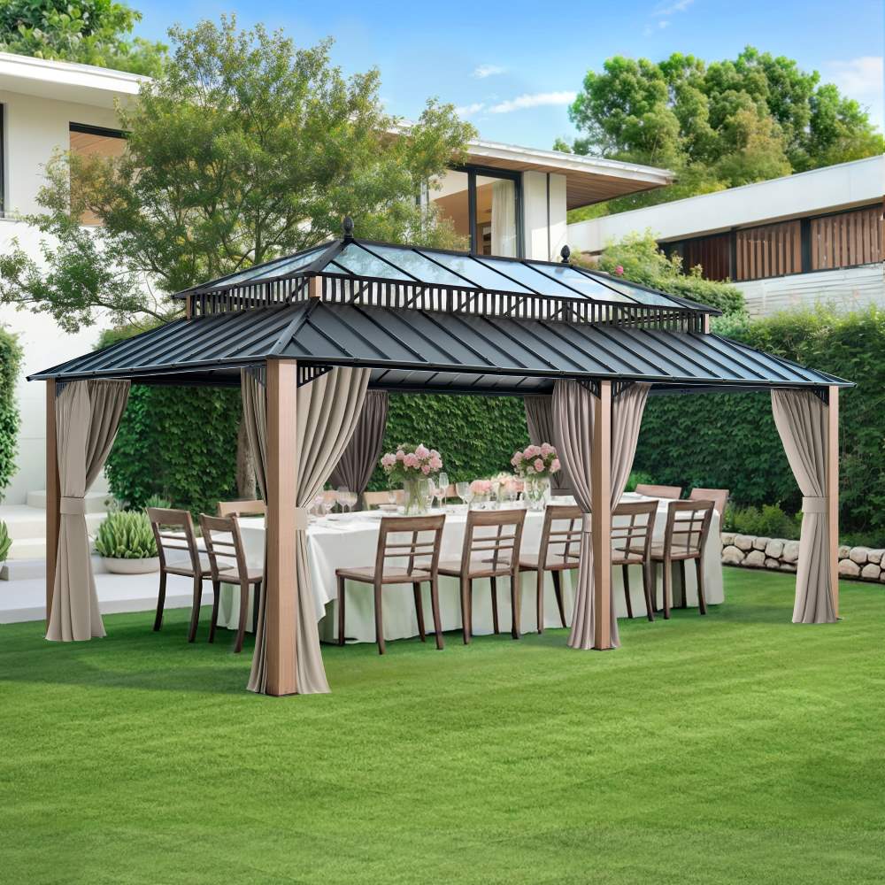Mazonvintage Kingston 12x20 Gazebo with Netting & Curtain | Steel & PC Roof - Woodgrain Aluminum Posts