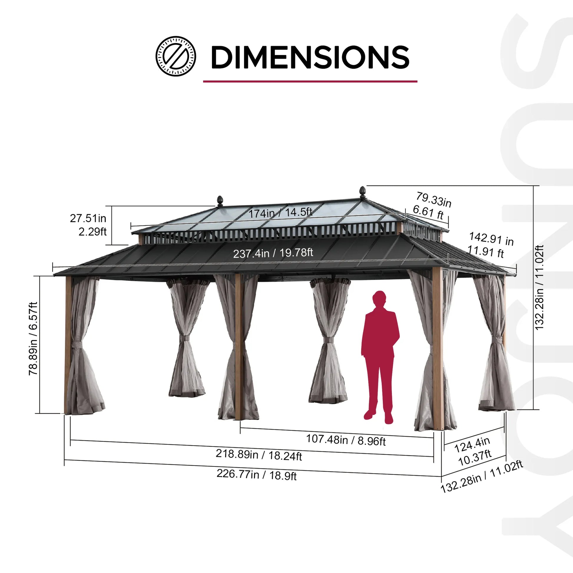 Mazonvintage Kingston 12x20 Gazebo with Netting & Curtain | Steel & PC Roof - Woodgrain Aluminum Posts