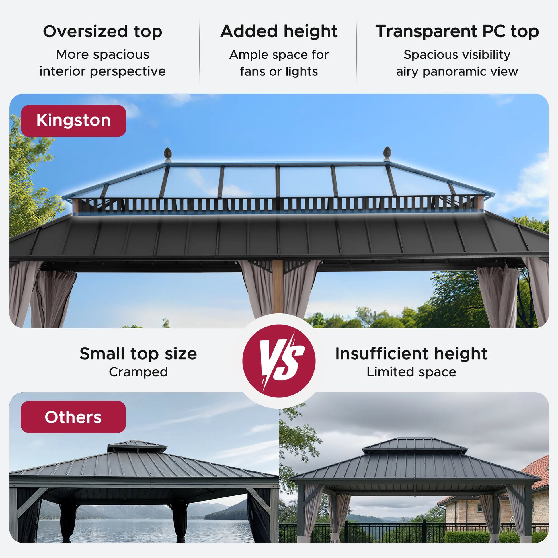 Mazonvintage Kingston 12x20 Gazebo with Netting & Curtain | Steel & PC Roof - Woodgrain Aluminum Posts