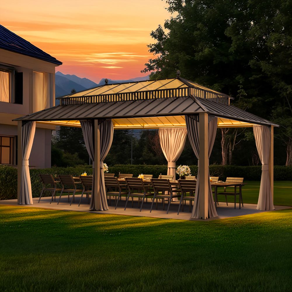 Mazonvintage Kingston 12x20 Gazebo with Netting & Curtain | Steel & PC Roof - Woodgrain Aluminum Posts