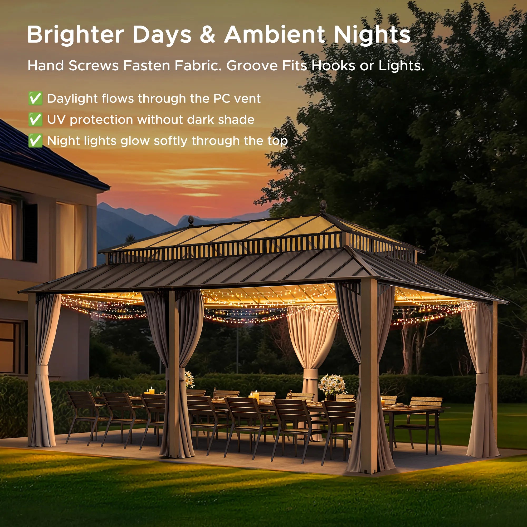 Mazonvintage Kingston 12x20 Gazebo with Netting & Curtain | Steel & PC Roof - Woodgrain Aluminum Posts