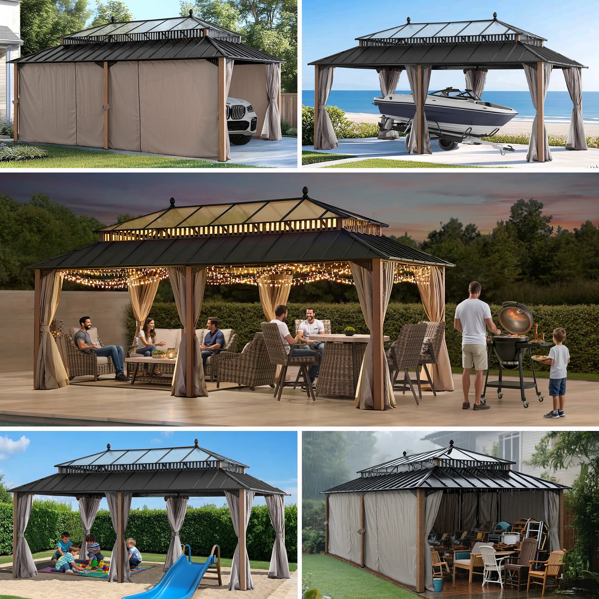 Mazonvintage Kingston 12x20 Gazebo with Netting & Curtain | Steel & PC Roof - Woodgrain Aluminum Posts