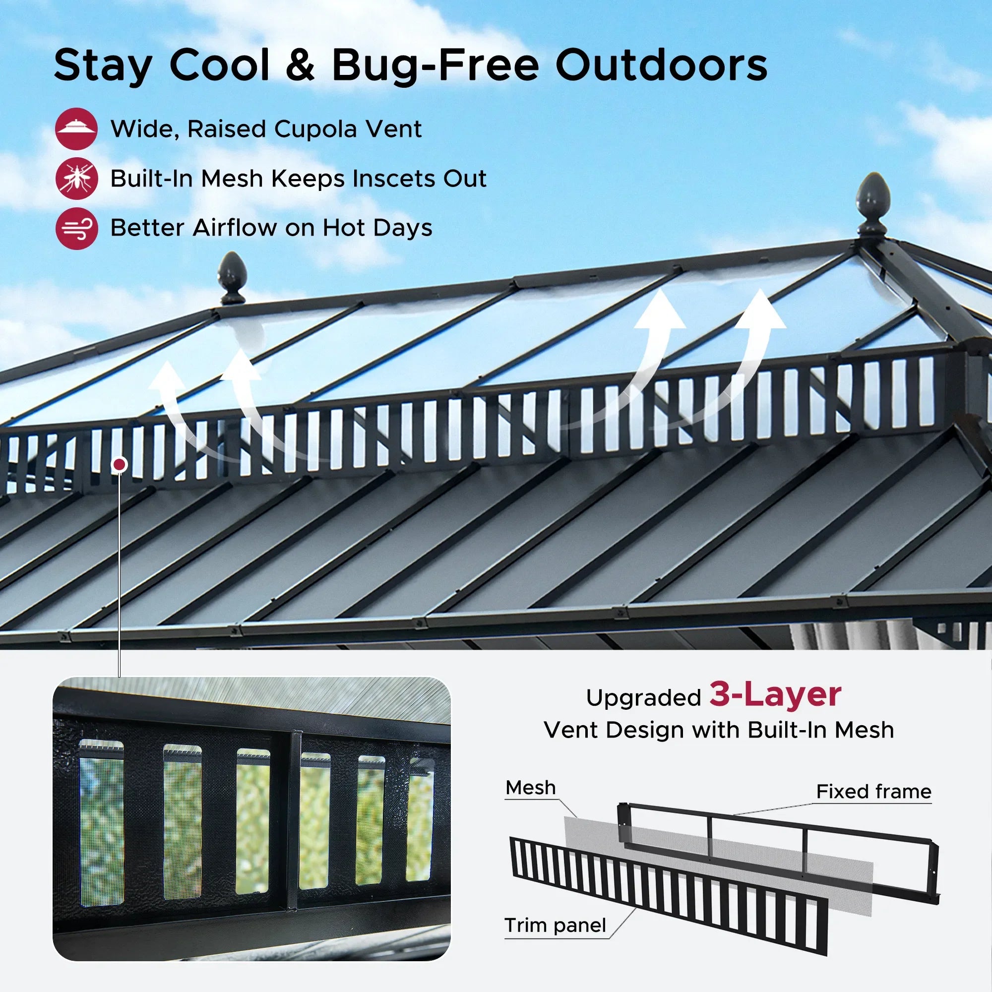 Mazonvintage Kingston 12x20 Gazebo with Netting & Curtain | Steel & PC Roof - Gray Aluminum Posts