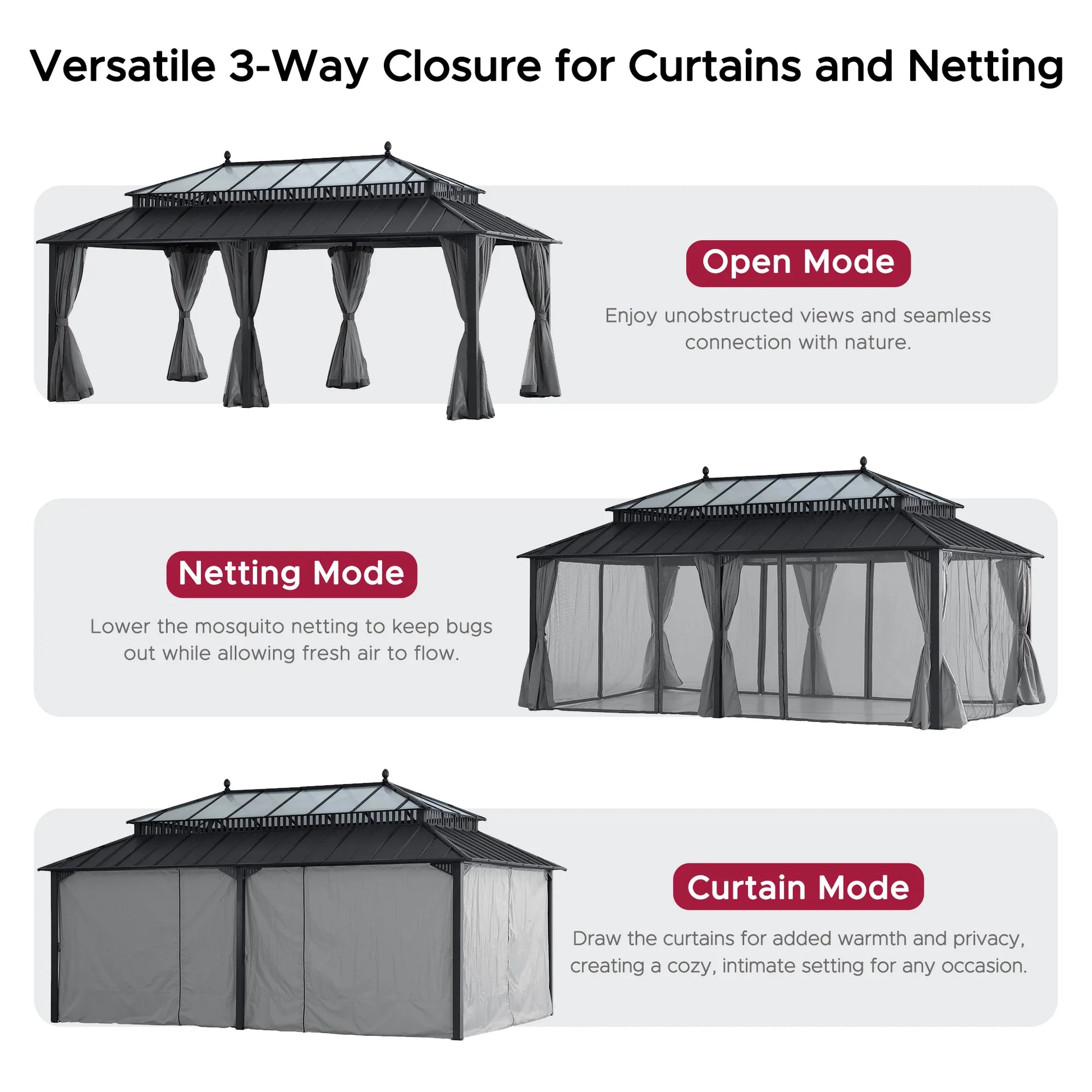 Mazonvintage Kingston 12x20 Gazebo with Netting & Curtain | Steel & PC Roof - Gray Aluminum Posts