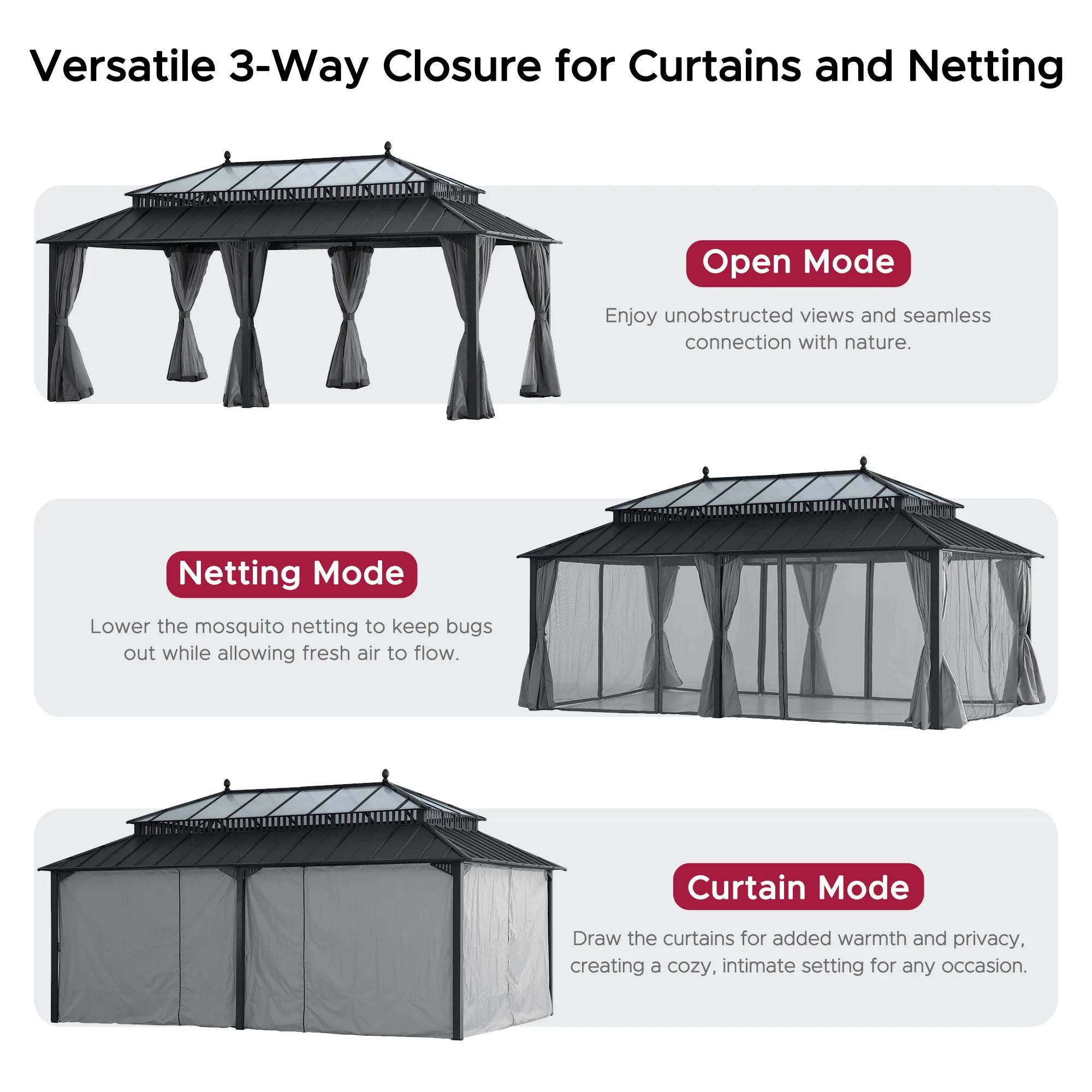 Mazonvintage Kingston 12x20 Gazebo with Netting & Curtain | Steel & PC Roof - Gray Aluminum Posts