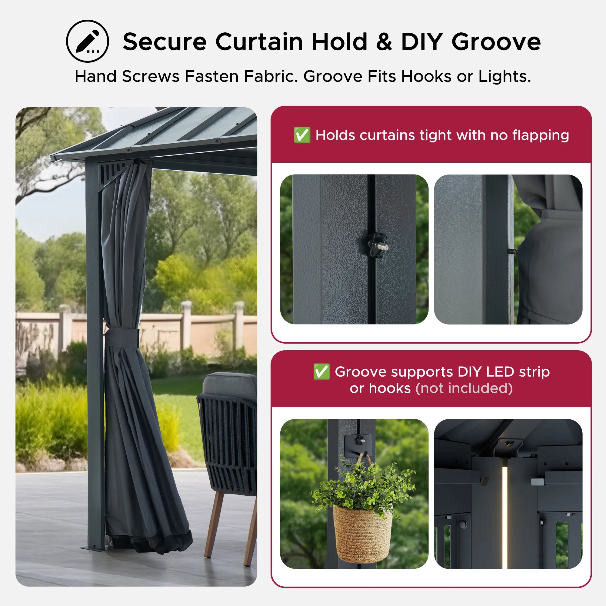 Mazonvintage Kingston 12x20 Gazebo with Netting & Curtain | Steel & PC Roof - Gray Aluminum Posts
