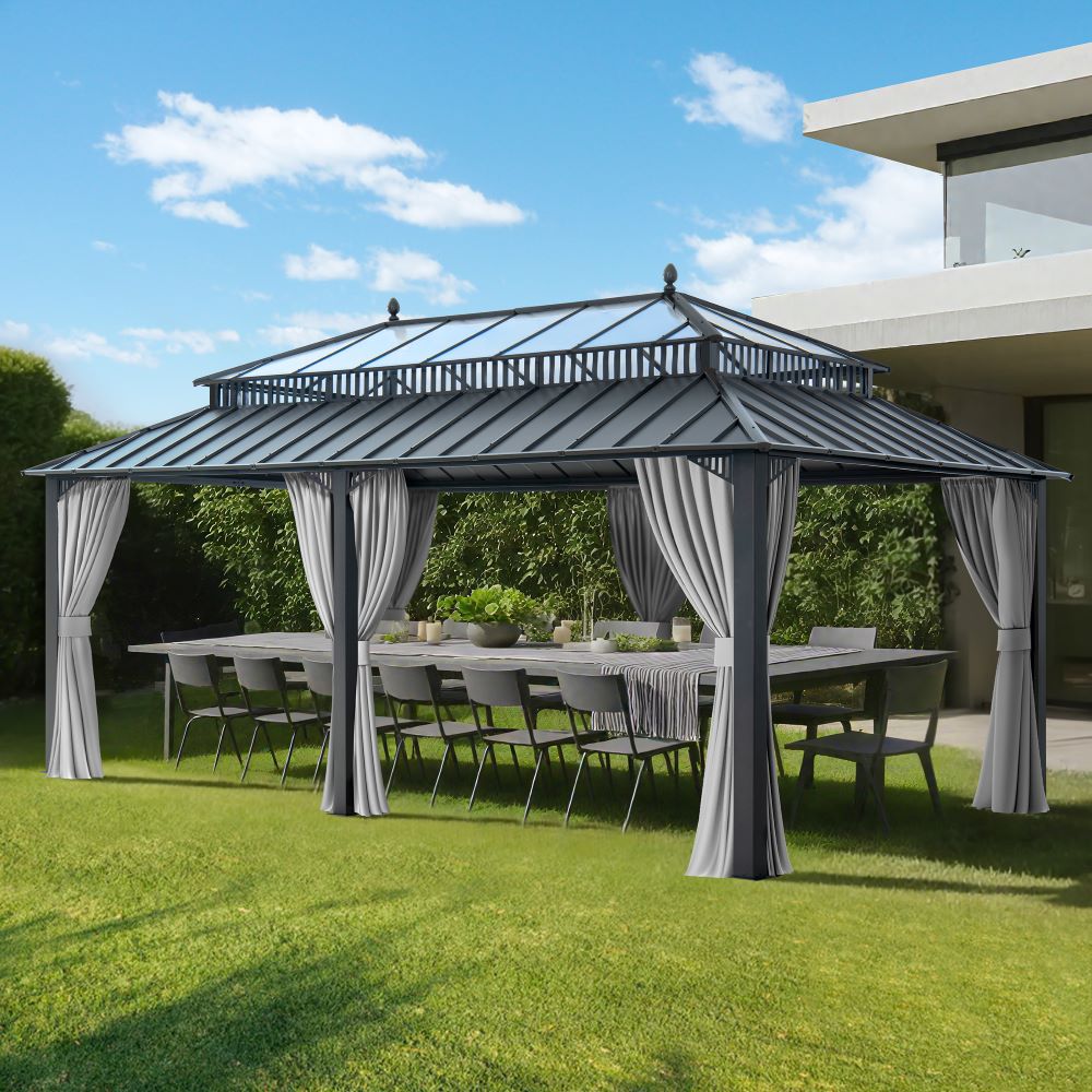 Mazonvintage Kingston 12x20 Gazebo with Netting & Curtain | Steel & PC Roof - Gray Aluminum Posts