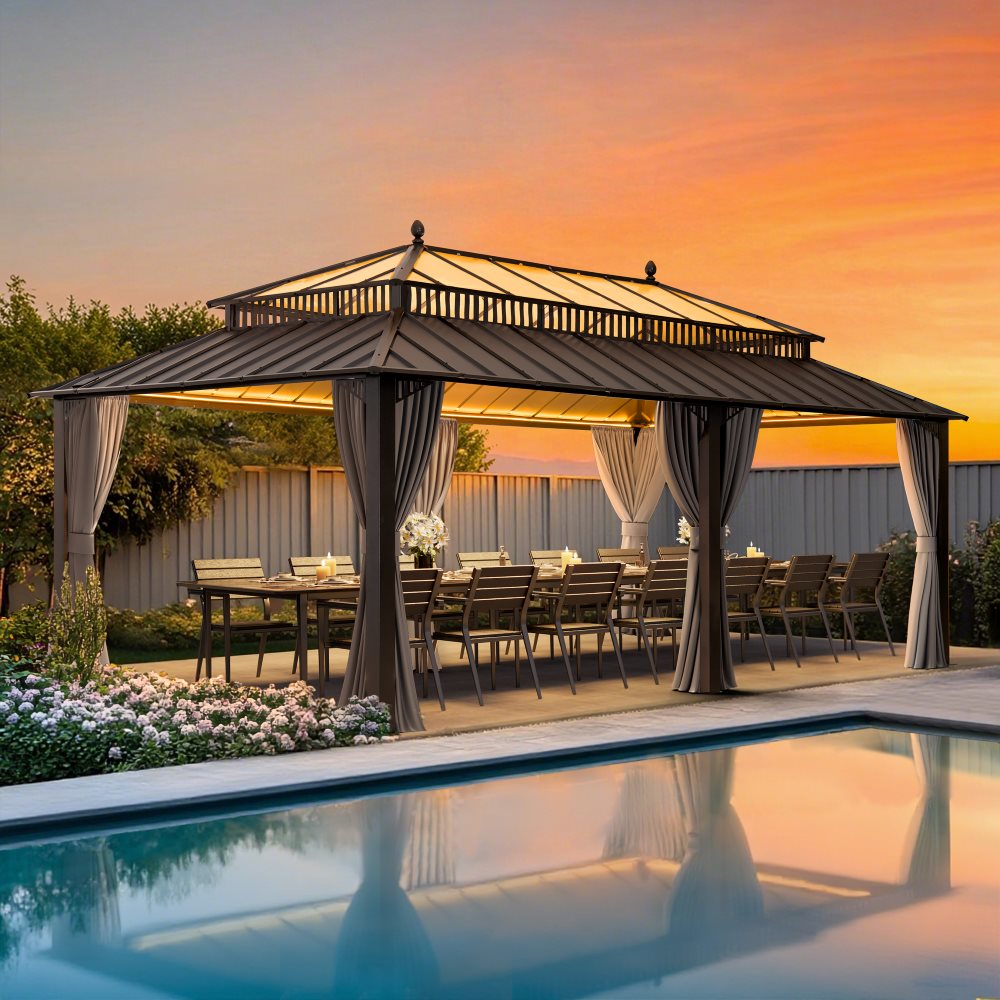 Mazonvintage Kingston 12x20 Gazebo with Netting & Curtain | Steel & PC Roof - Gray Aluminum Posts