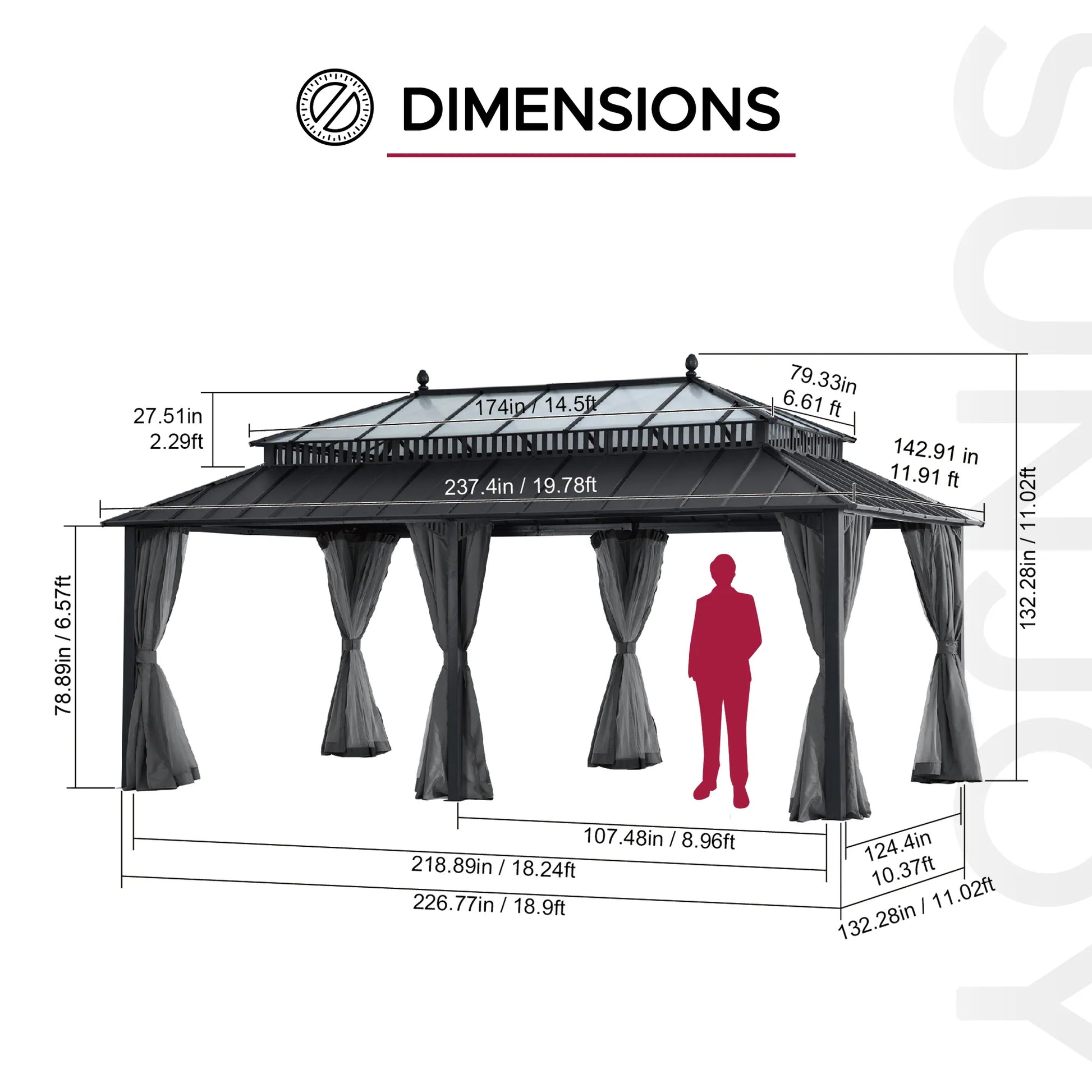 Mazonvintage Kingston 12x20 Gazebo with Netting & Curtain | Steel & PC Roof - Gray Aluminum Posts