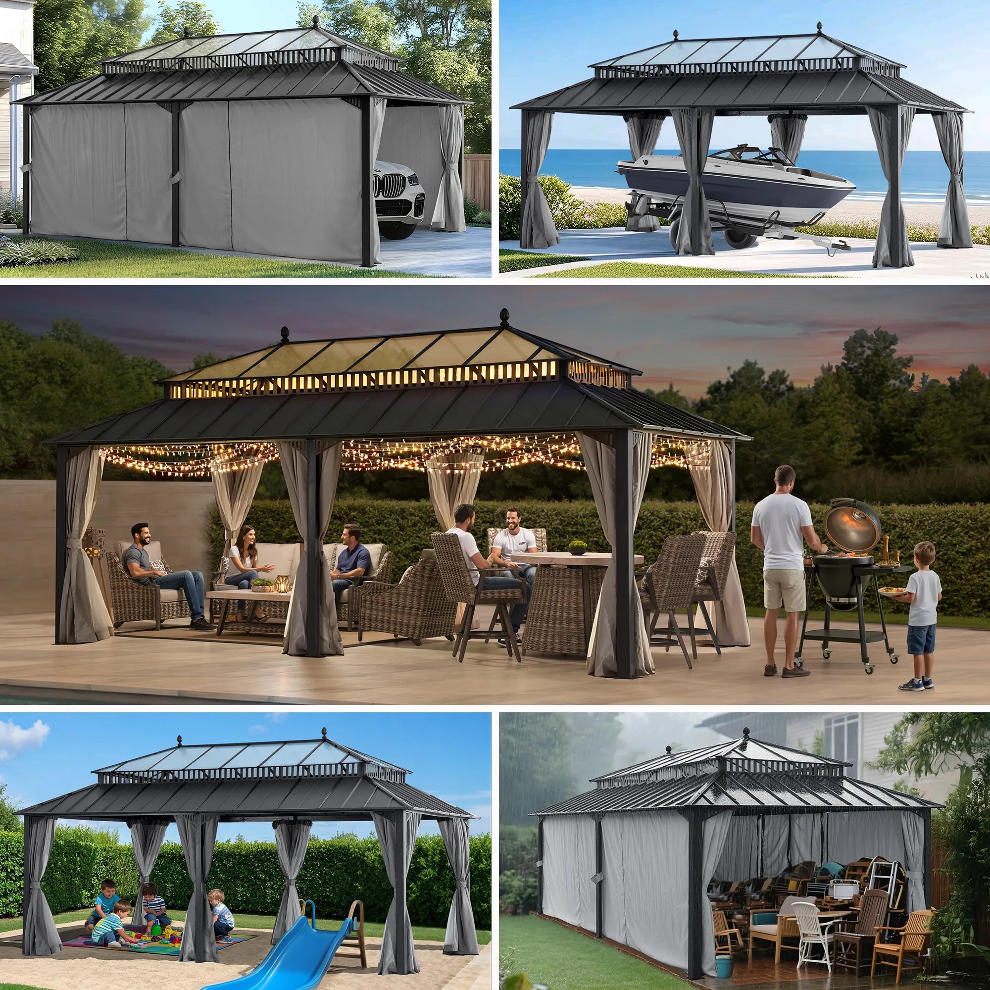 Mazonvintage Kingston 12x20 Gazebo with Netting & Curtain | Steel & PC Roof - Gray Aluminum Posts