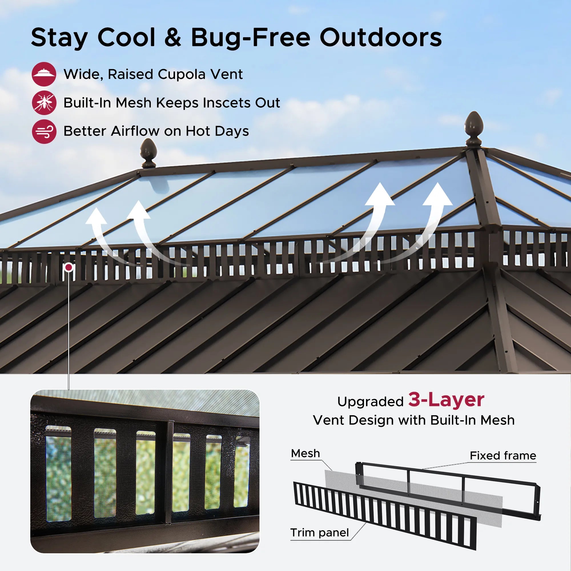 Mazonvintage Kingston 12x20 Gazebo with Netting & Curtain | Steel & PC Roof - Brown Aluminum Posts