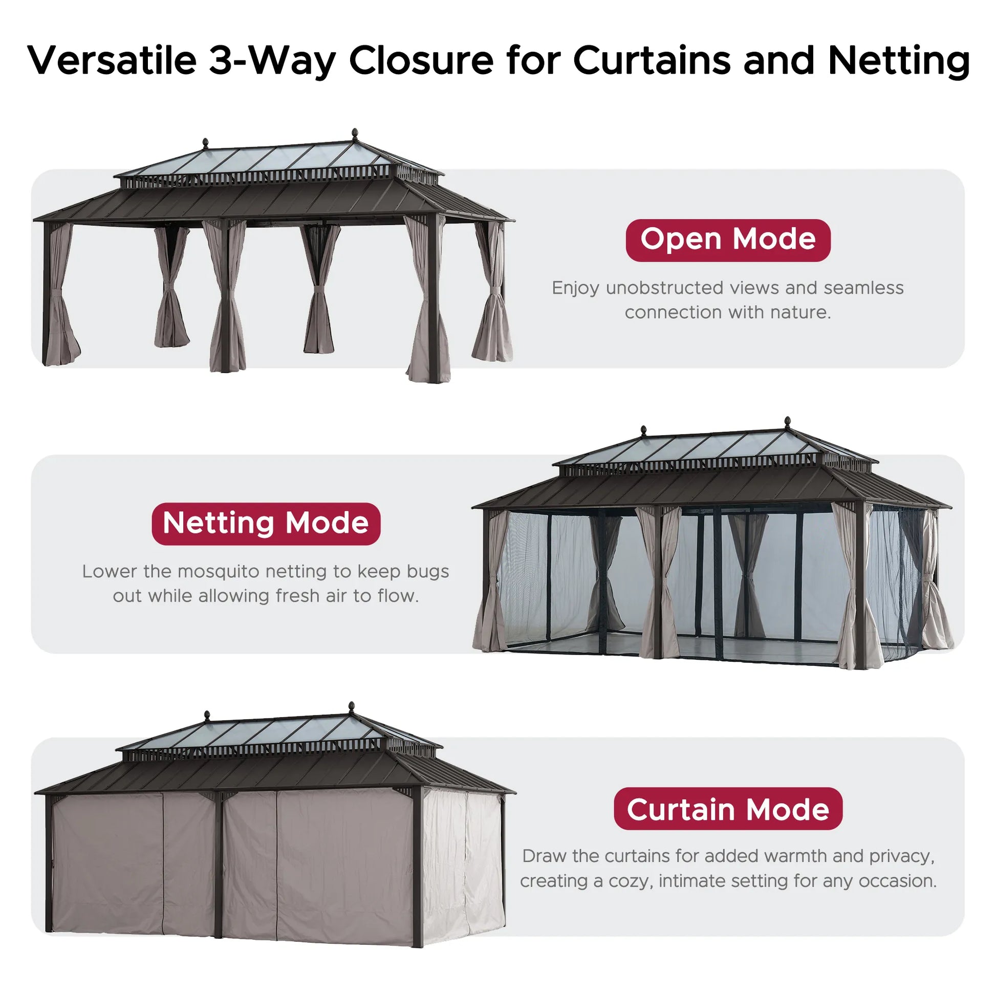 Mazonvintage Kingston 12x20 Gazebo with Netting & Curtain | Steel & PC Roof - Brown Aluminum Posts