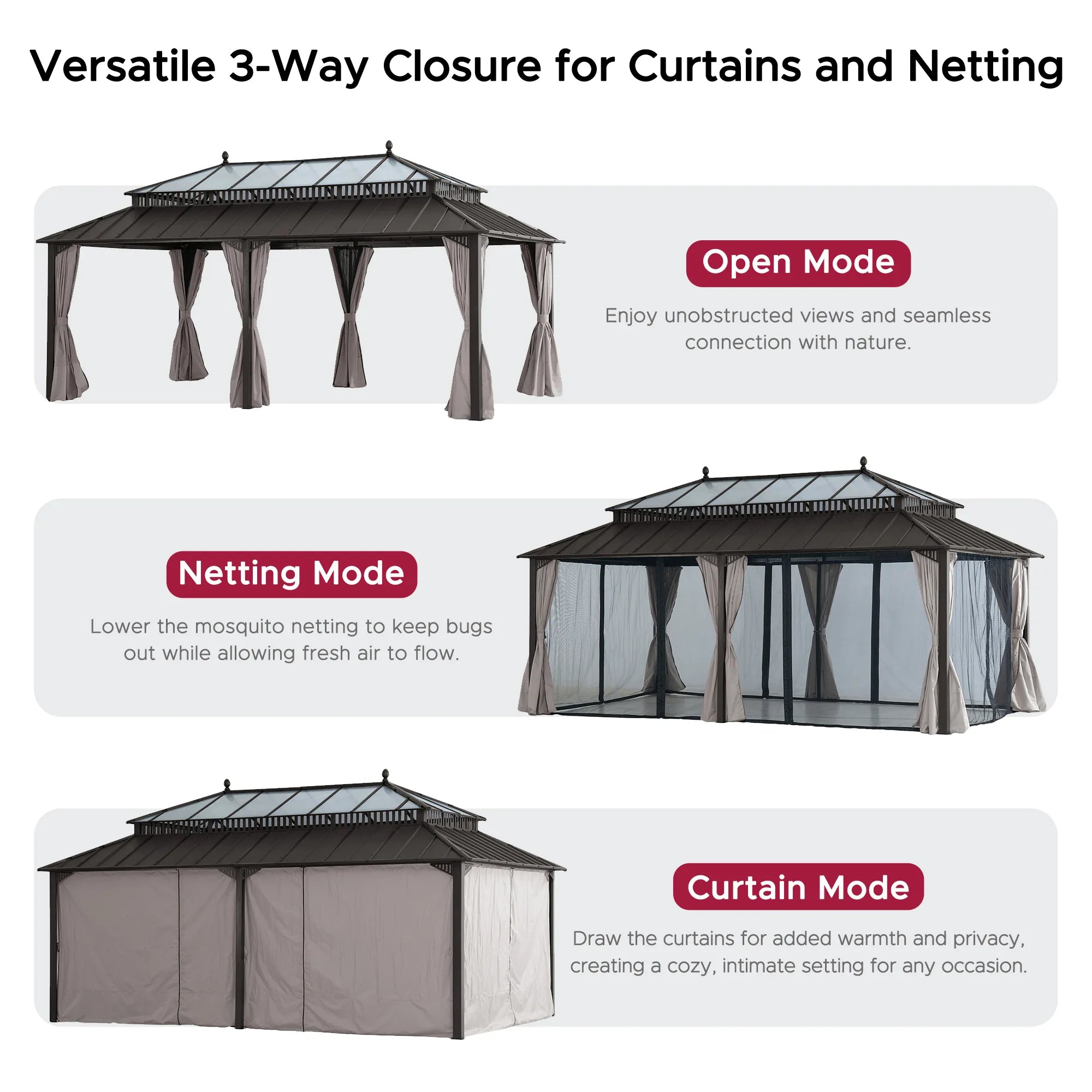 Mazonvintage Kingston 12x20 Gazebo with Netting & Curtain | Steel & PC Roof - Brown Aluminum Posts