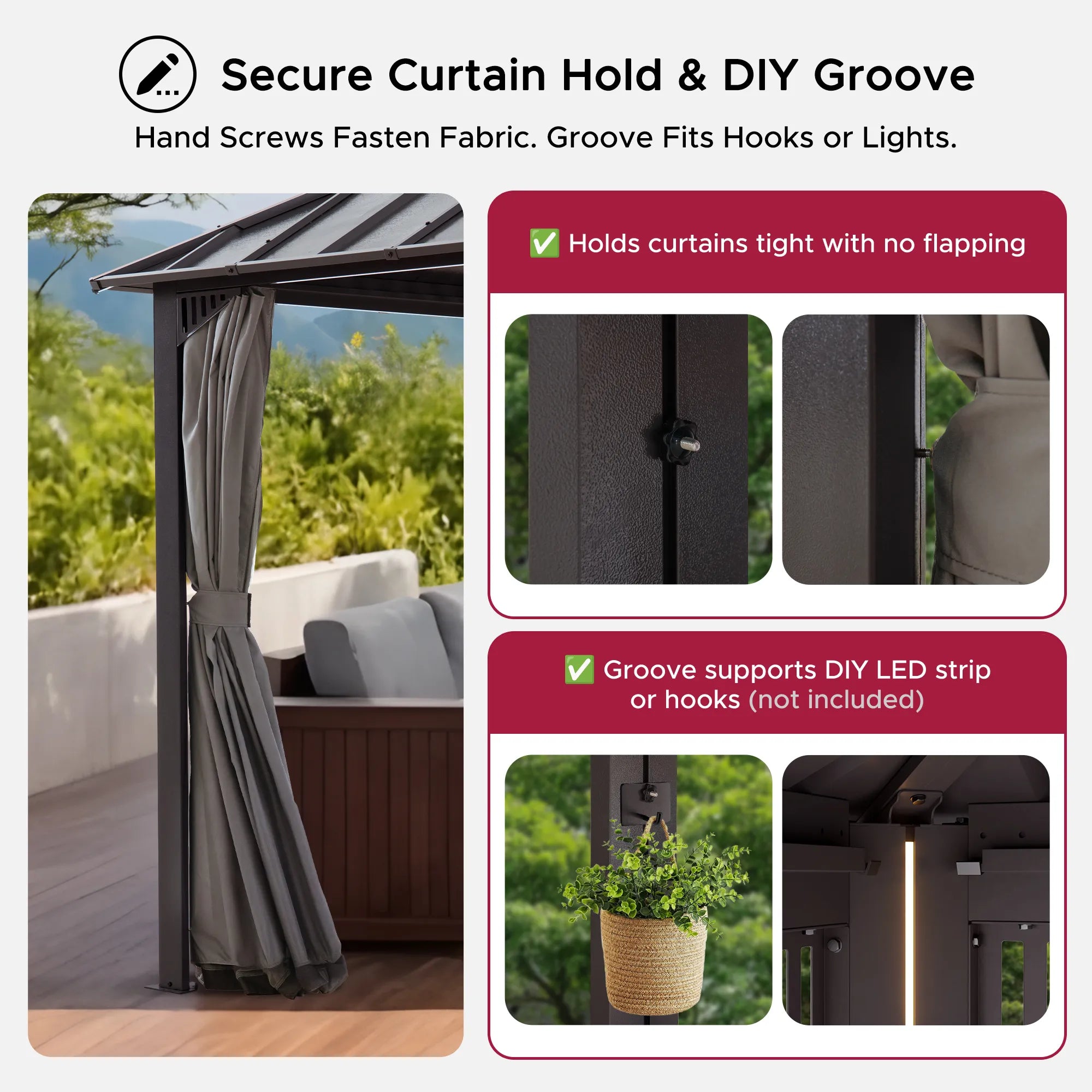 Mazonvintage Kingston 12x20 Gazebo with Netting & Curtain | Steel & PC Roof - Brown Aluminum Posts