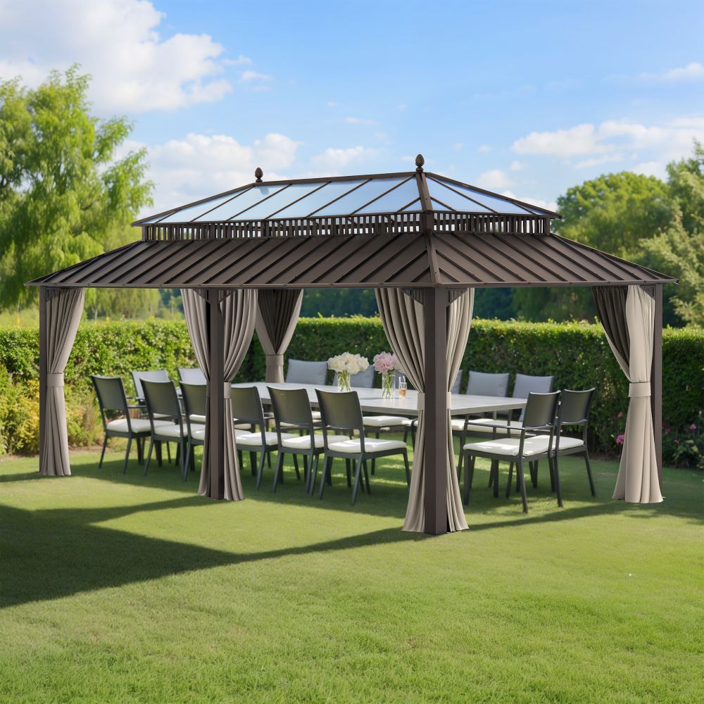 Mazonvintage Kingston 12x20 Gazebo with Netting & Curtain | Steel & PC Roof - Brown Aluminum Posts