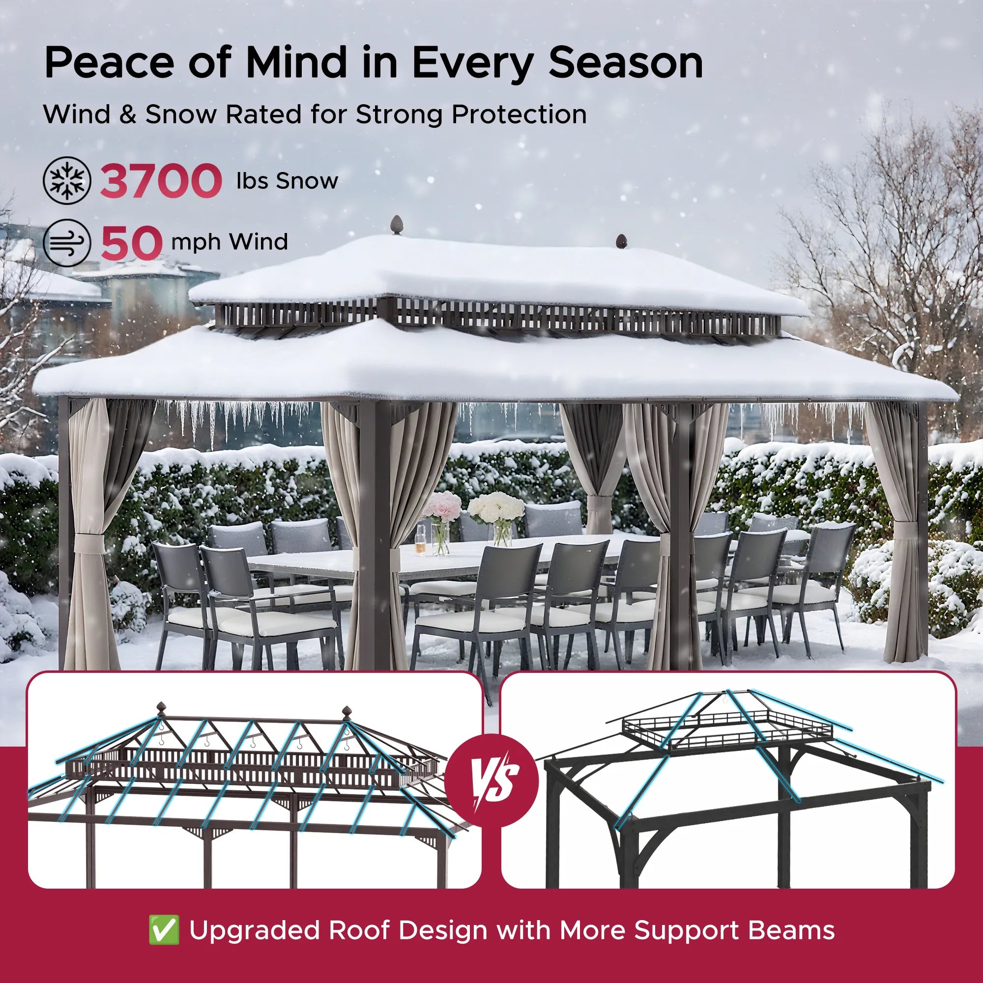 Mazonvintage Kingston 12x20 Gazebo with Netting & Curtain | Steel & PC Roof - Brown Aluminum Posts