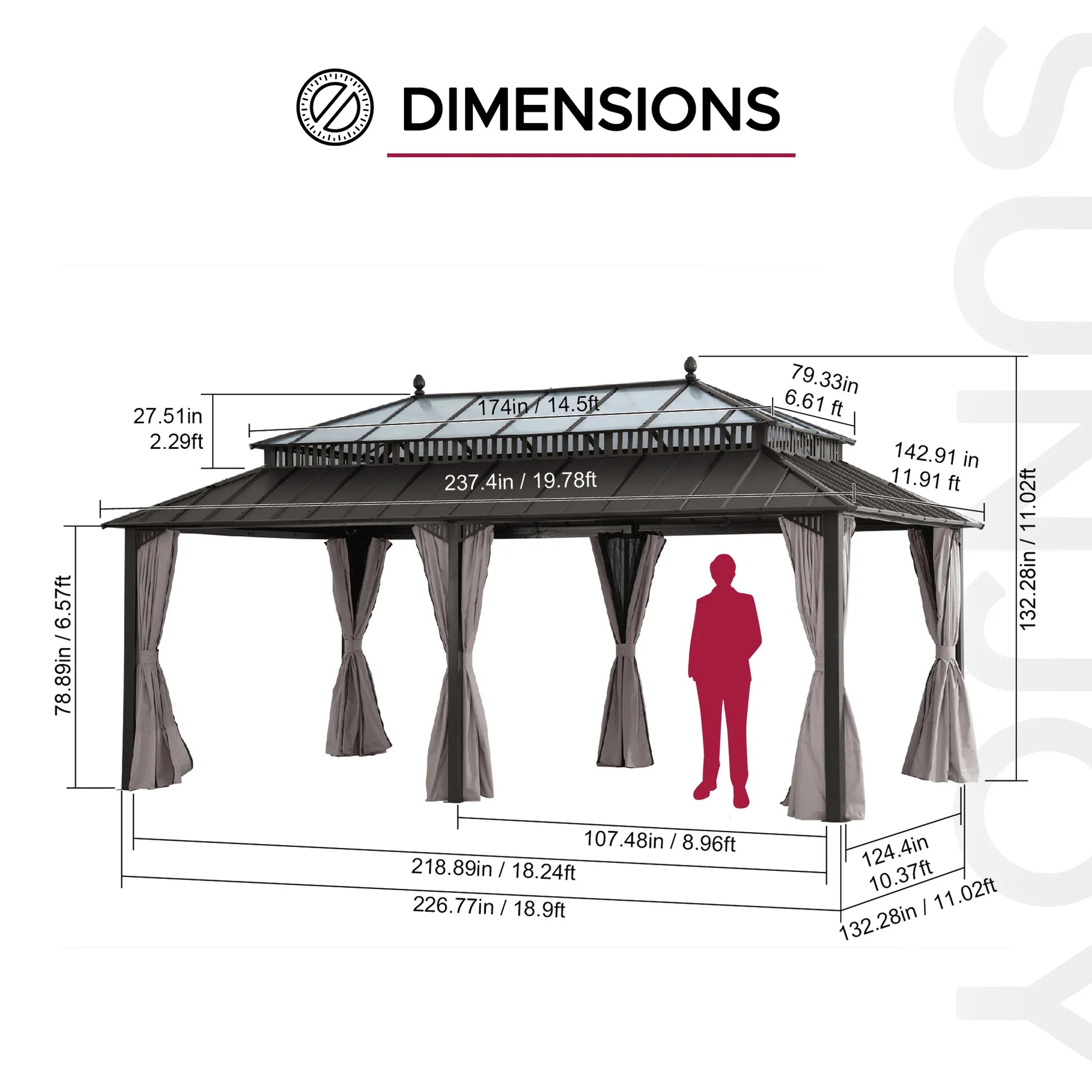 Mazonvintage Kingston 12x20 Gazebo with Netting & Curtain | Steel & PC Roof - Brown Aluminum Posts