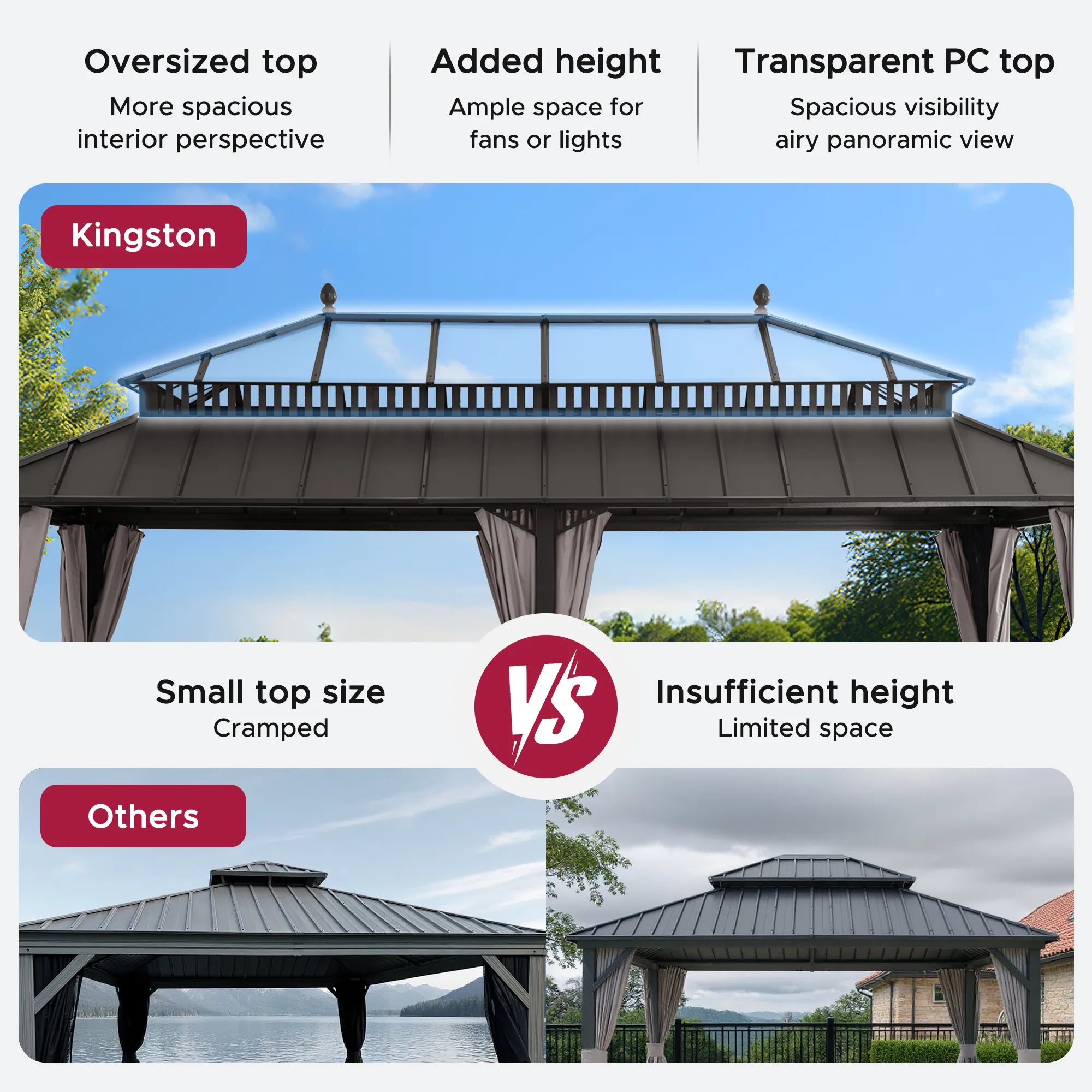 Mazonvintage Kingston 12x20 Gazebo with Netting & Curtain | Steel & PC Roof - Brown Aluminum Posts
