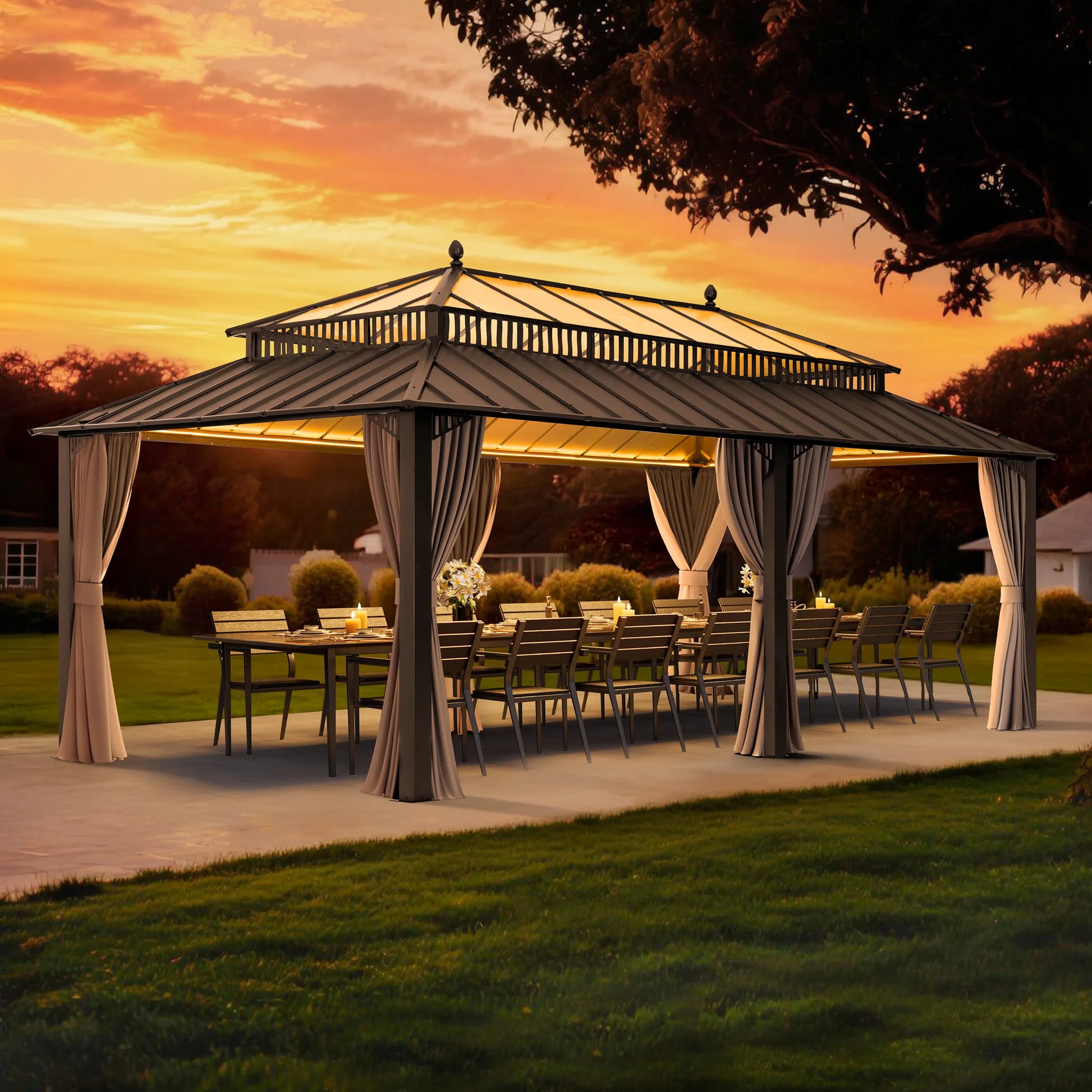 Mazonvintage Kingston 12x20 Gazebo with Netting & Curtain | Steel & PC Roof - Brown Aluminum Posts