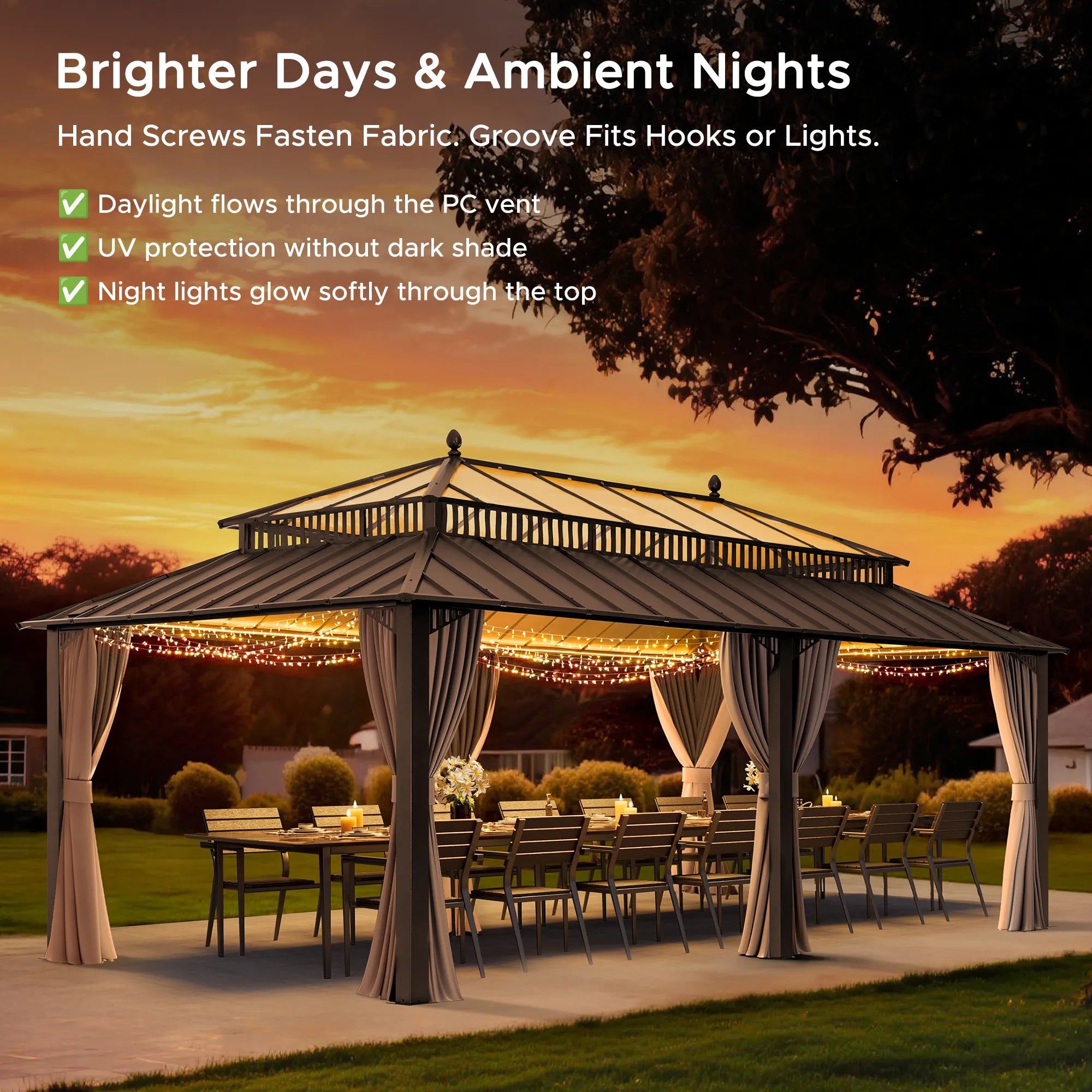 Mazonvintage Kingston 12x20 Gazebo with Netting & Curtain | Steel & PC Roof - Brown Aluminum Posts