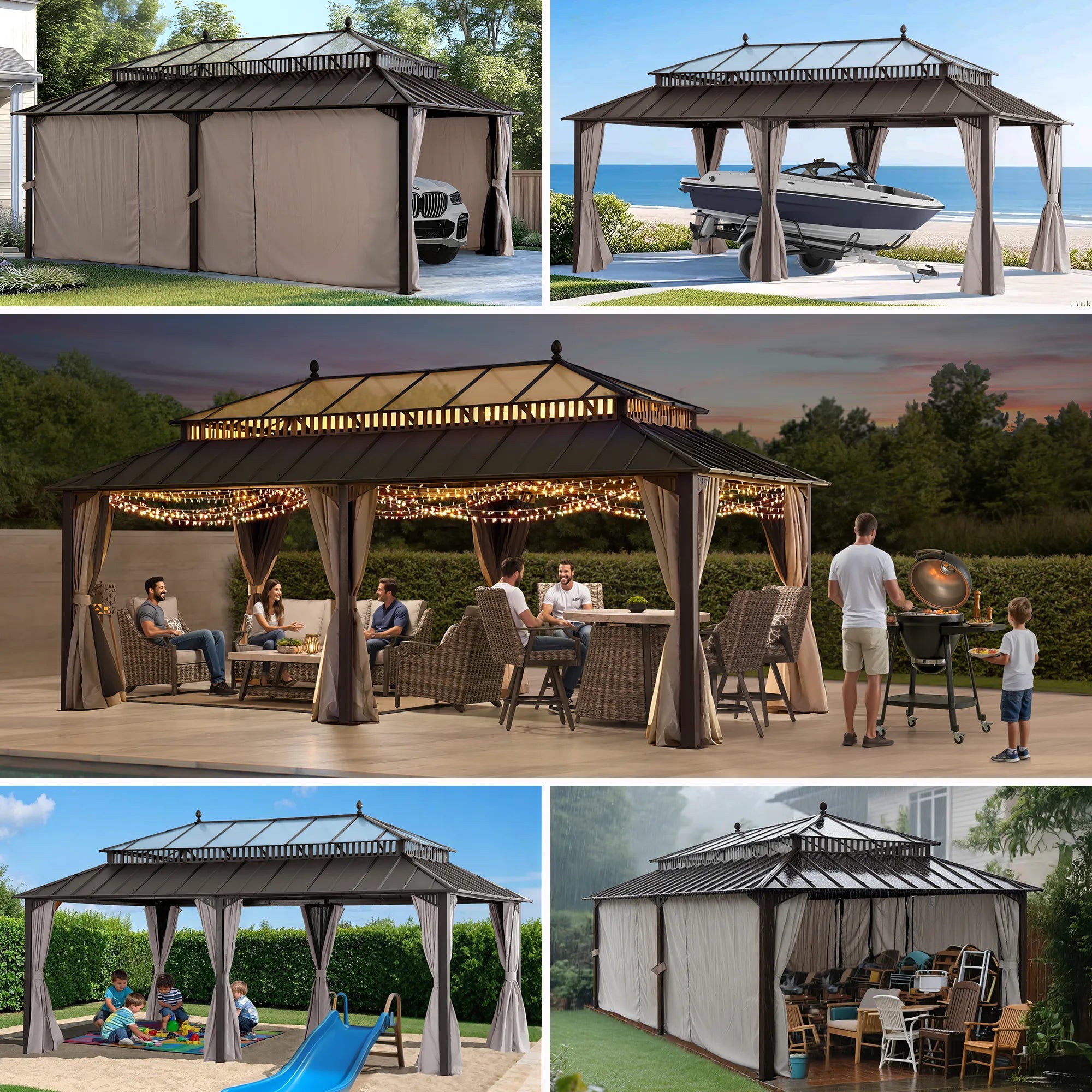 Mazonvintage Kingston 12x20 Gazebo with Netting & Curtain | Steel & PC Roof - Brown Aluminum Posts