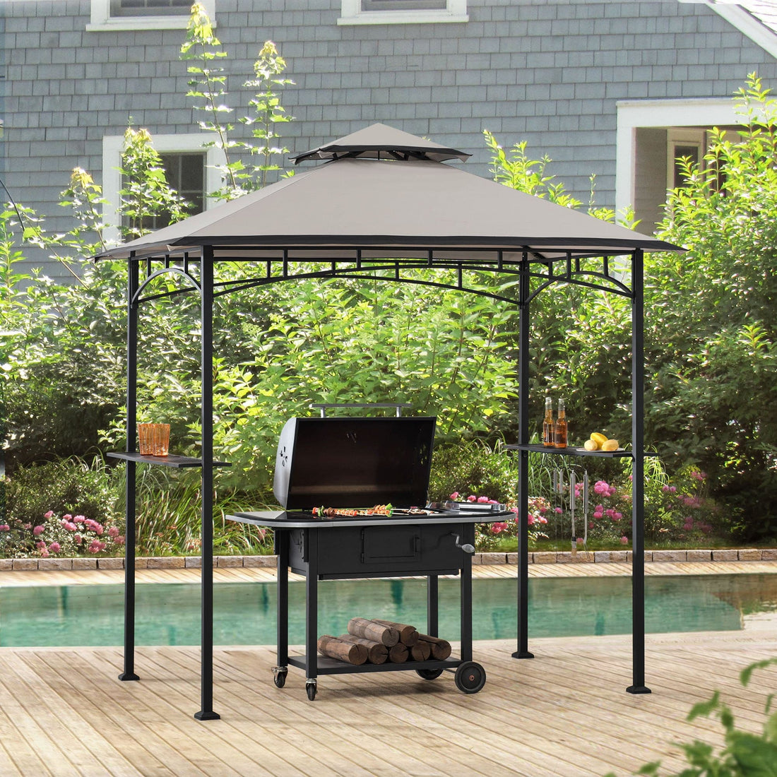 Mazonvintage 5x8 BBQ Grill Gazebo with Bar Shelves and Hooks