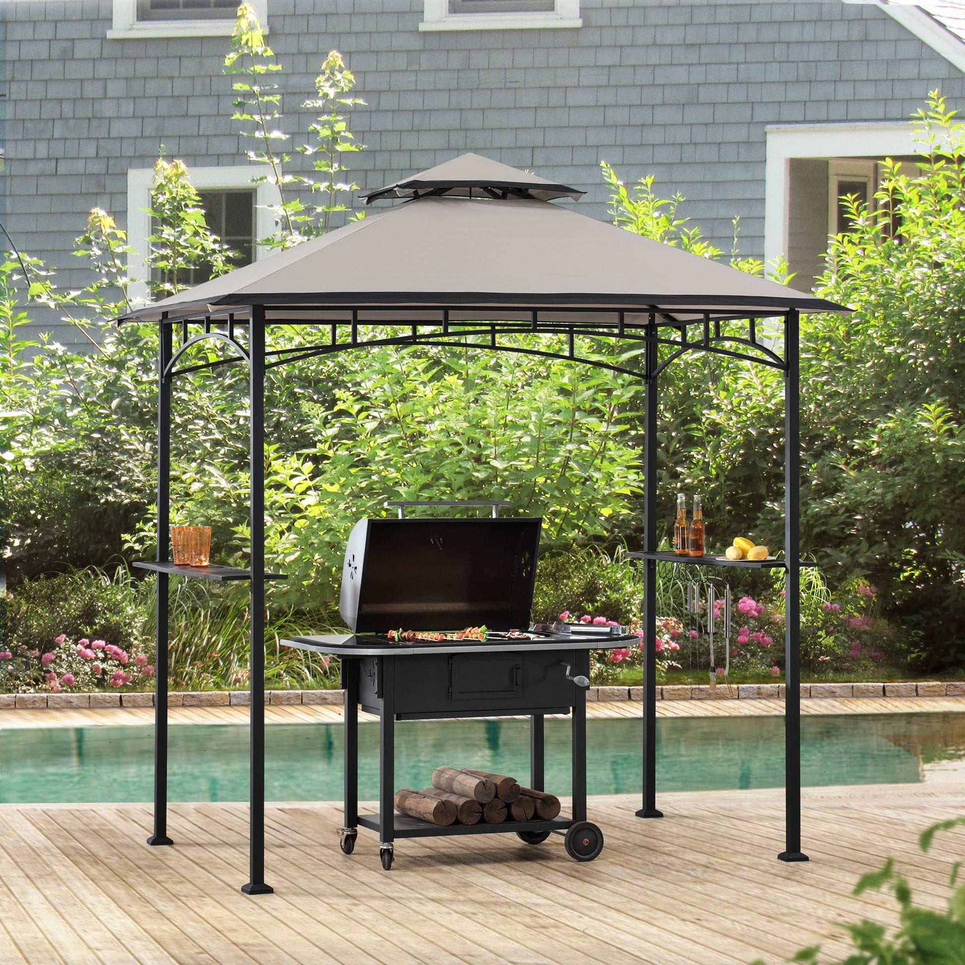 Mazonvintage 5x8 BBQ Grill Gazebo with Bar Shelves and Hooks