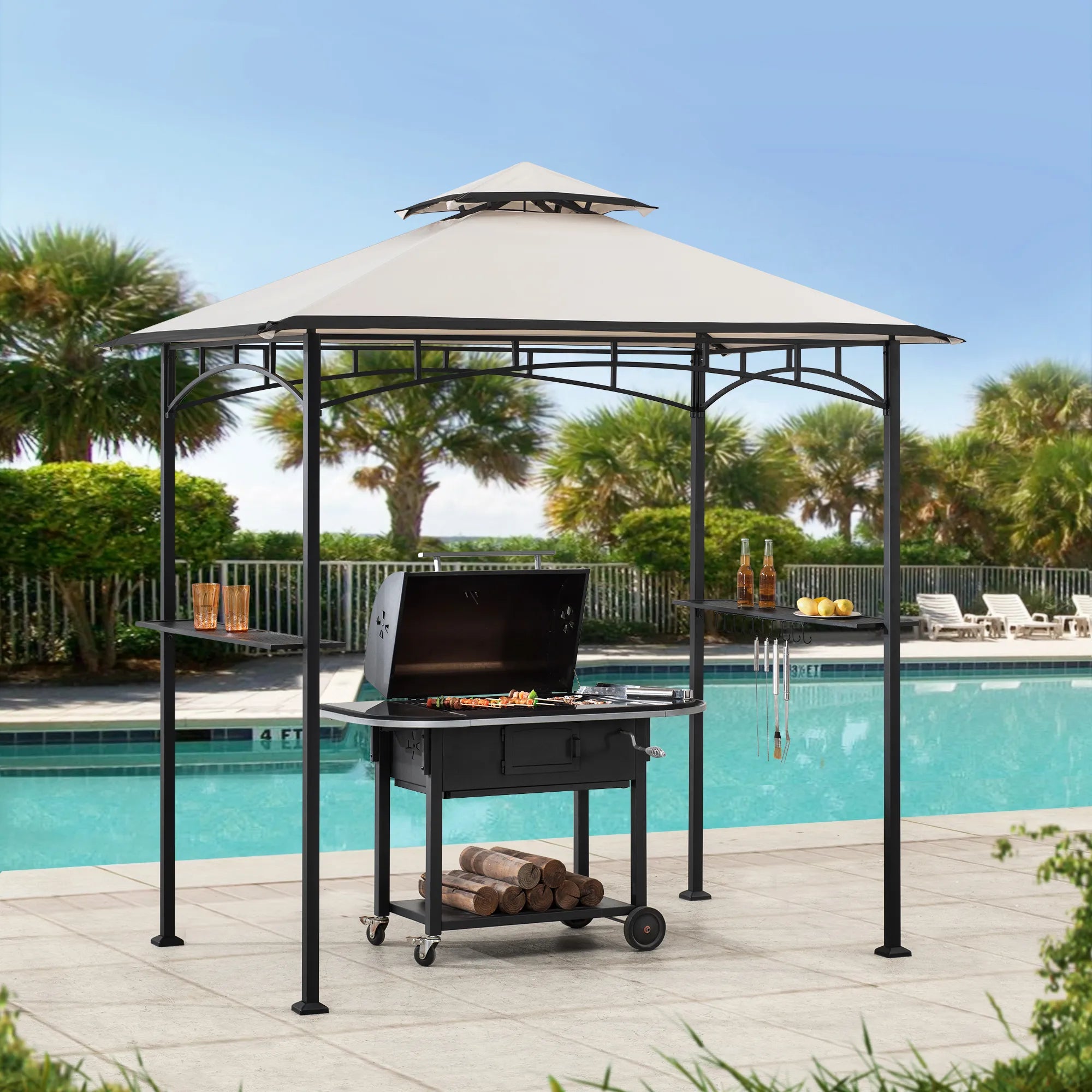 Mazonvintage 5x8 BBQ Grill Gazebo with Bar Shelves and Hooks - Beige & Black
