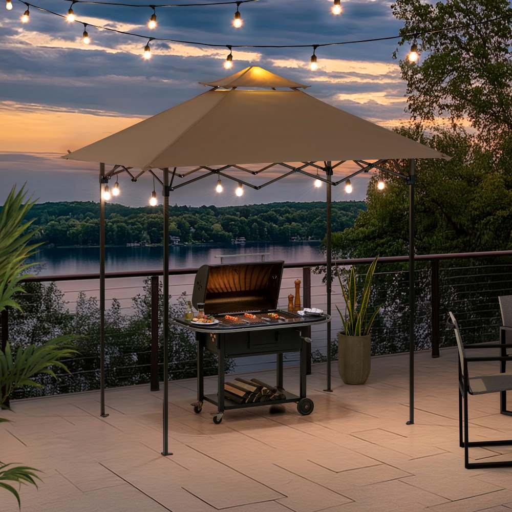 Mazonvintage 5x8 Pop up Grill Gazebo with Magnetic LED Light and Carrying Bag - Brown