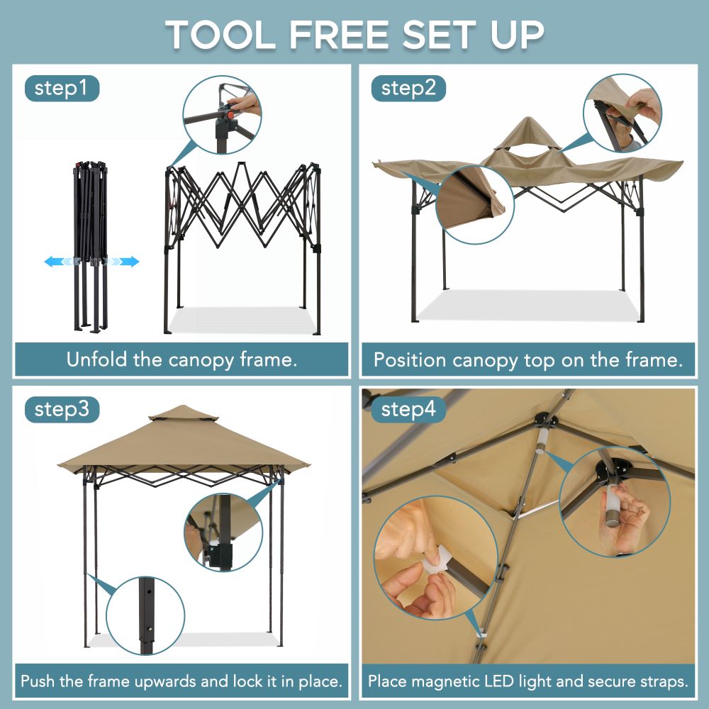 Mazonvintage 5x8 Pop up Grill Gazebo with Magnetic LED Light and Carrying Bag - Brown