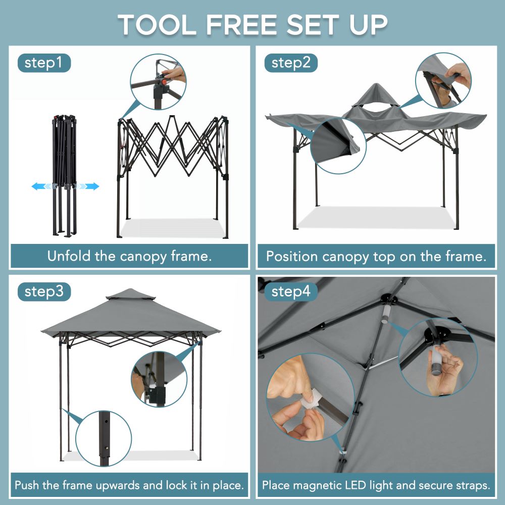 Mazonvintage 5x8 Pop up Grill Gazebo with Magnetic LED Light and Carrying Bag - Gray