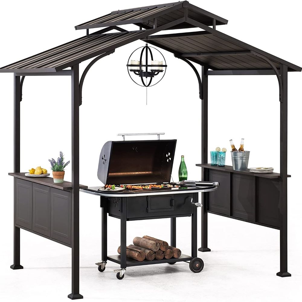 Mazonvintage 5x8 Backyard Hardtop Grill Gazebo with Ceiling Hook and Bar Shelves