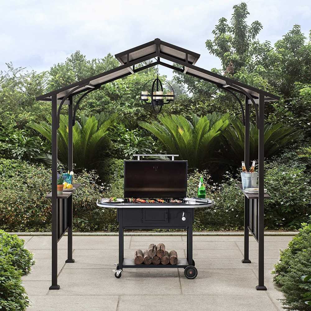 Mazonvintage 5x8 Backyard Hardtop Grill Gazebo with Ceiling Hook and Bar Shelves