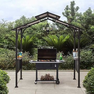 Mazonvintage 5x8 Backyard Hardtop Grill Gazebo with Ceiling Hook and Bar Shelves