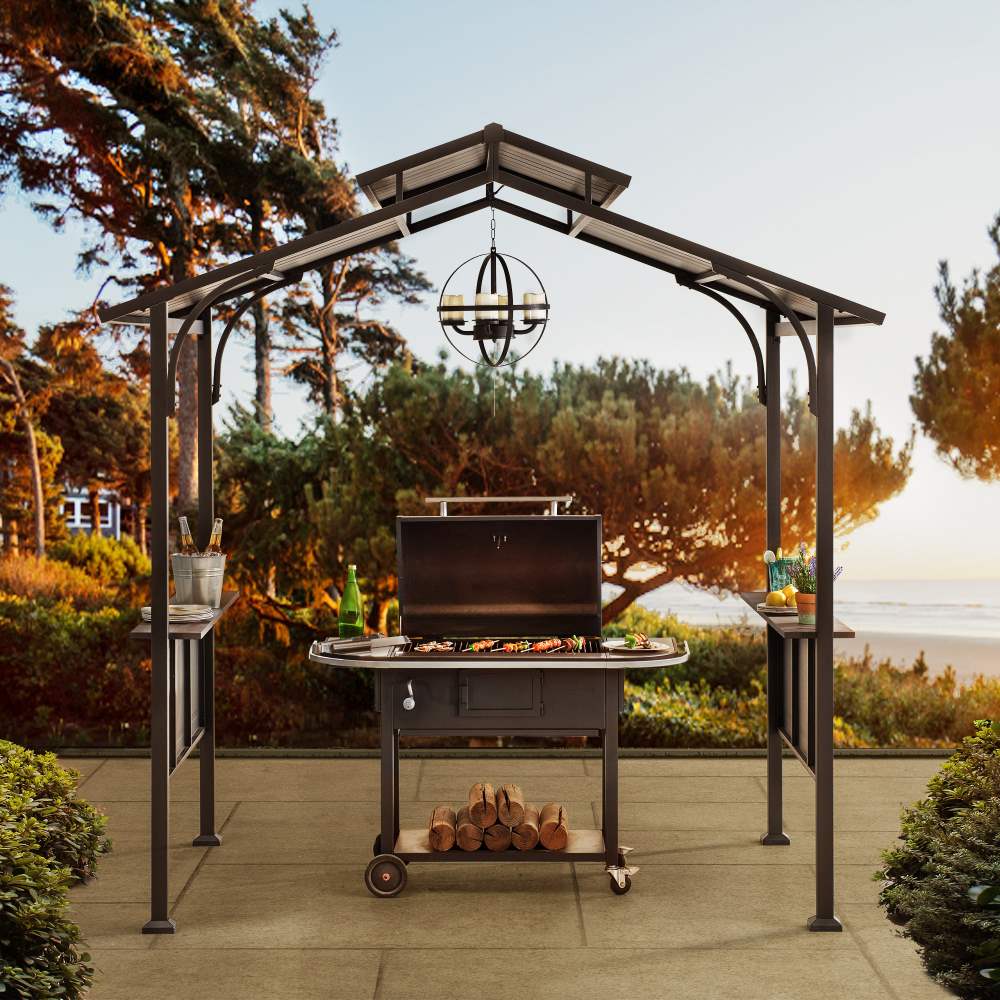 Mazonvintage 5x8 Backyard Hardtop Grill Gazebo with Ceiling Hook and Bar Shelves